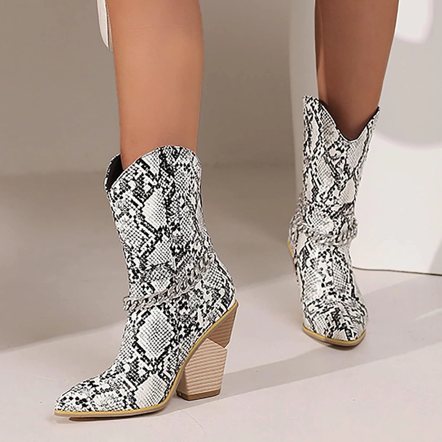 Great Hiking Boots Mid Calf Cowboy Boots for Women Western Boots Women Retro Pointed Toe Chunky Heel Cowgirl Back Zipper Mid Calf Boots