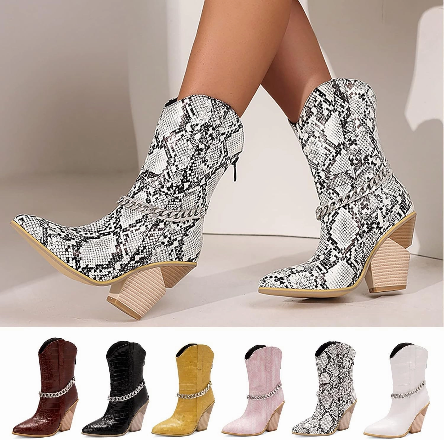 Eserle Boots Mid Calf Cowboy Boots for Women Western Boots Women Retro Pointed Toe Chunky Heel Cowgirl Back Zipper Mid Calf Boots