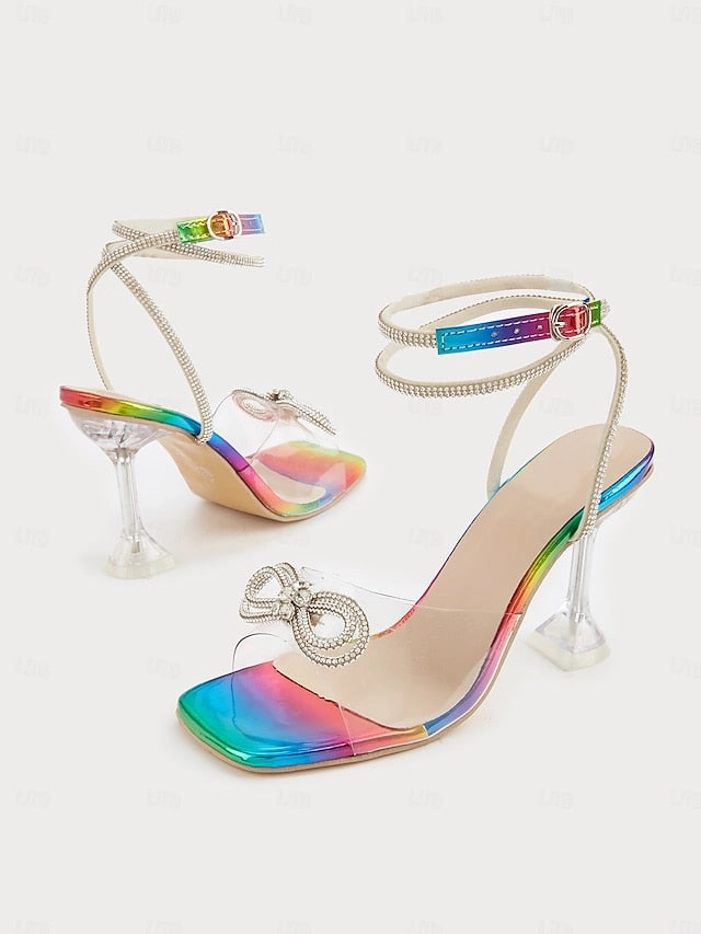 Pointed High Heels Rainbow Colorful Detail Clear Heels Heel - Bow High with Crystal