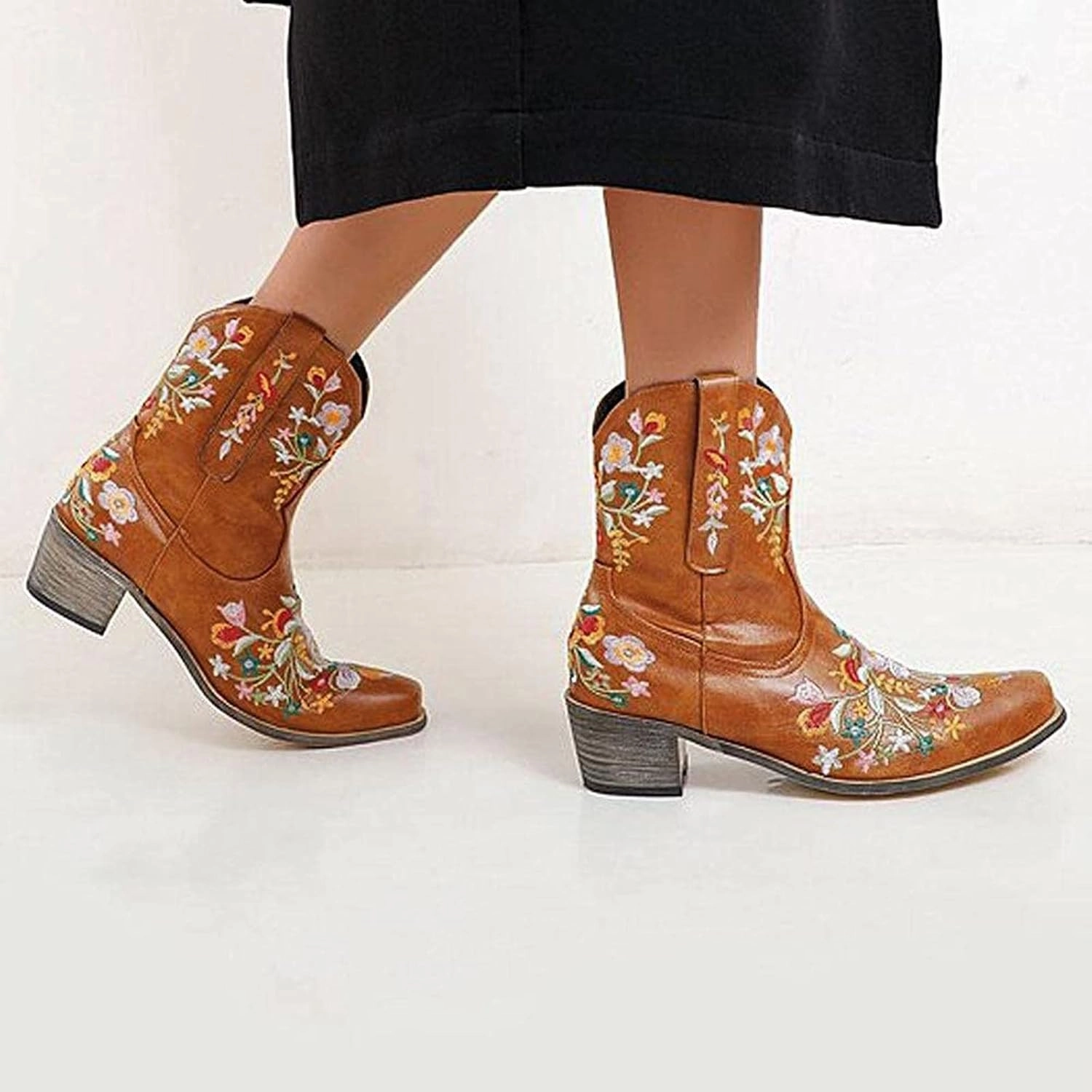 Johnston And Murphy Boots Western Mid Calf Boots Cowgirl Boots Boots for Women Cowboy Boots Embroidered Chunky Heel Western Boots Pull On Boots