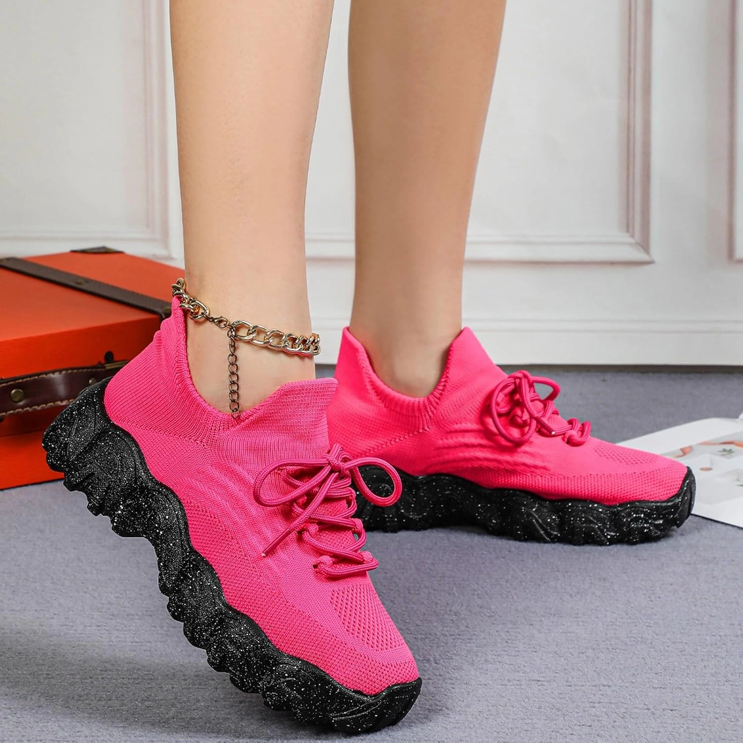 Sneakers For Basketball Orthopedic Sneakers for Women with Arch Support Slip On Shoes for Women Breathable Mesh Knit Tennis Shoes Lace Up Sock Comfortable Walking Shoes Women Outdoor Lightweight Hiking Shoes 