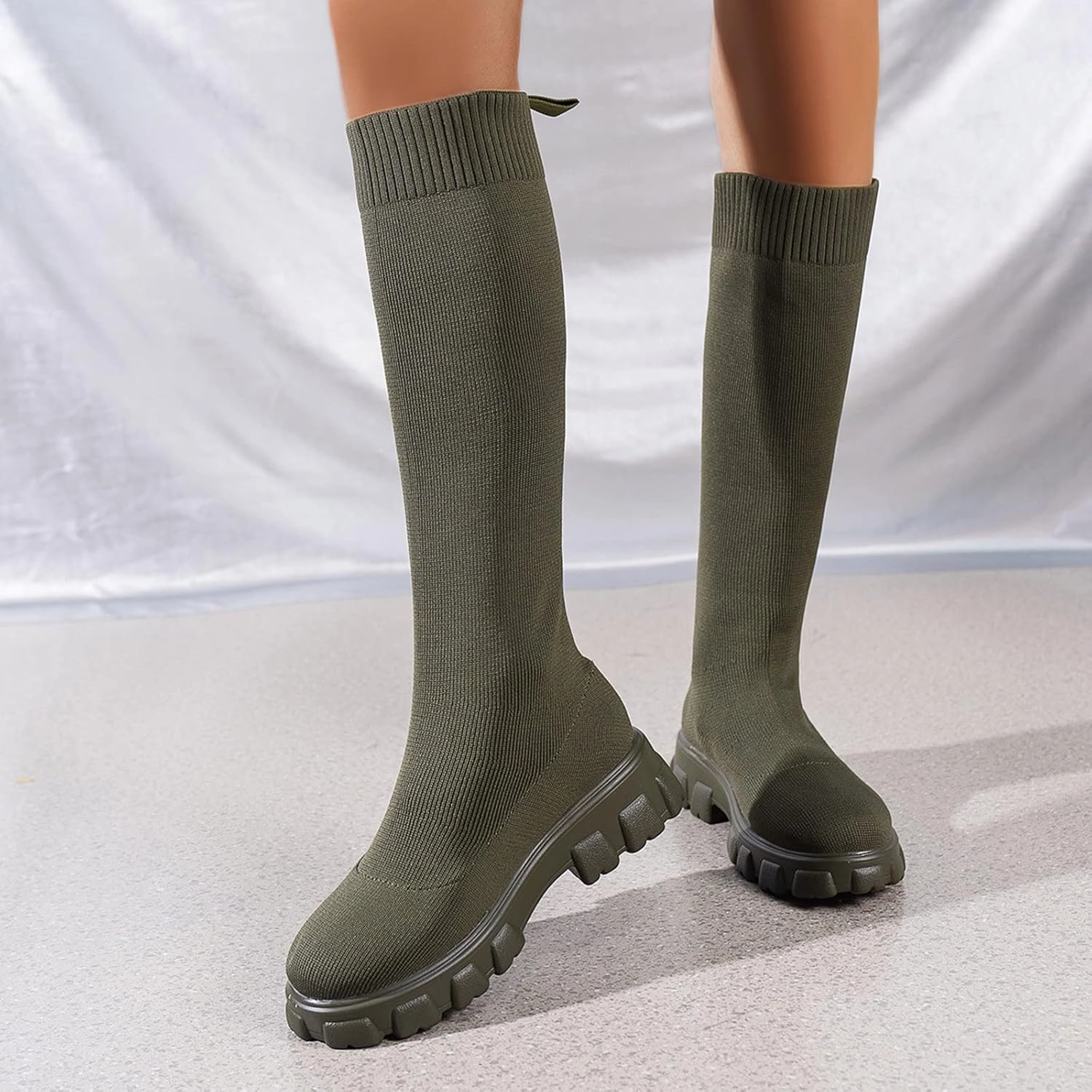 Over the Knee Boots for Women Thigh High Boots Knit Sock Boots Round Toe Mid Chunky Heel Stretch Platform Fall Boots Frye Boots Near Me