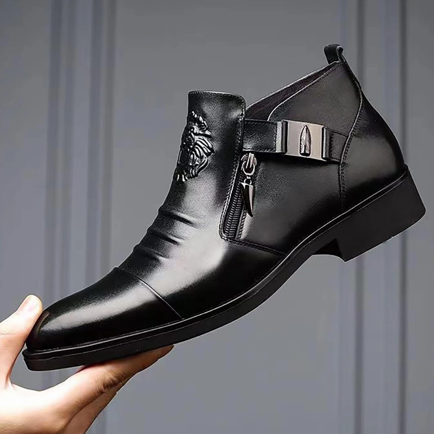 Oxfords Shoes for Men Brown Foreign Trade Men's Embossed Double Side Zipper Europe and The United States Ankle Boots Men's Boots Leather Shoes Black Suit Shoe Stylish Waterproof Boots