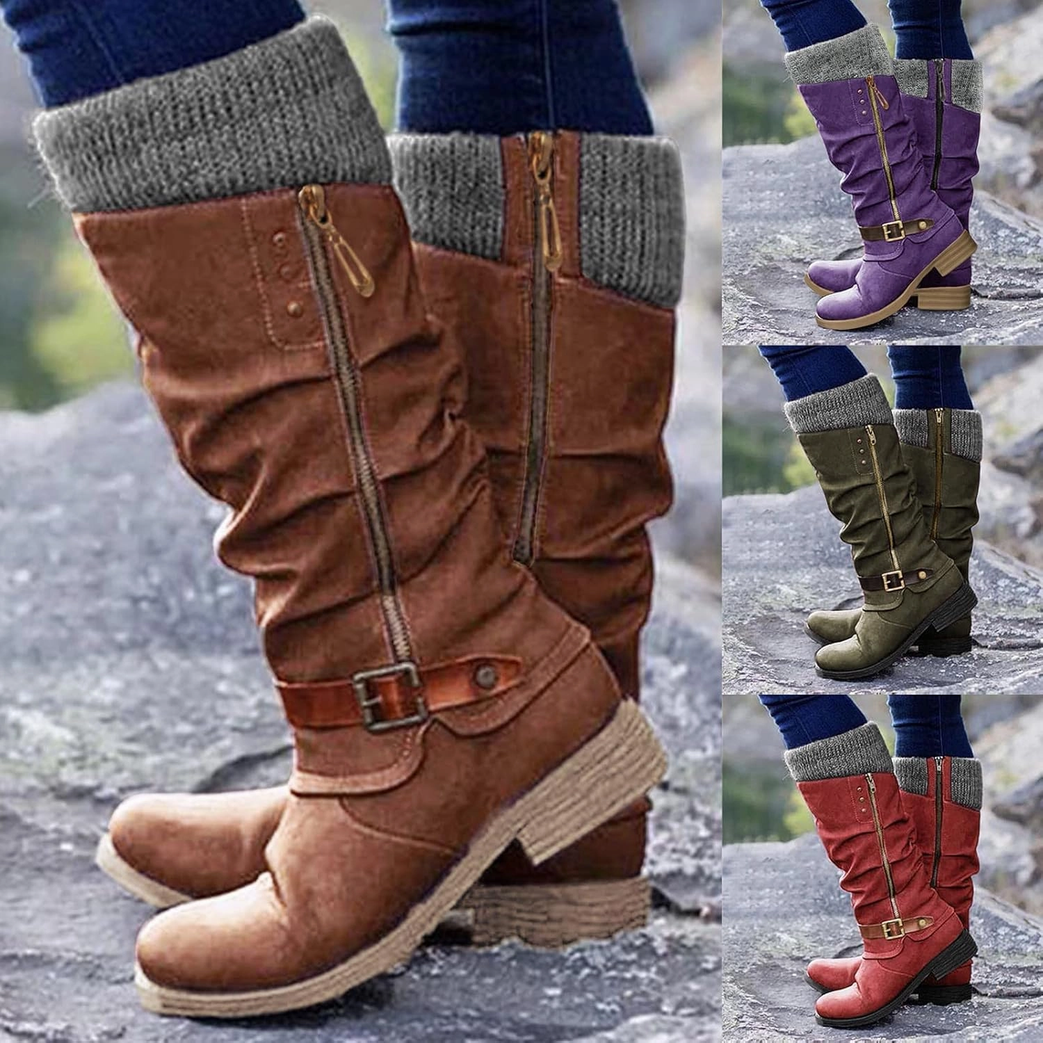 Eduavar Cowboy Boots for Women Cowboy Style, Western Boots Women Winter 2023 Knee High Snow Boots Round Toe Booties Shoes Heeled Block Boots