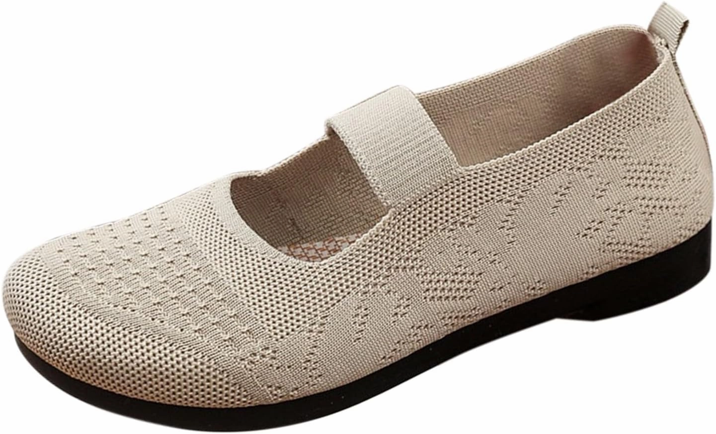Women Mary Jane Flat Shoes Wide Toe Box Comofortable Ballet Flat with Adjustable Straps Slip on Washable Knit Casual Flats Tan Shoes Sneakers