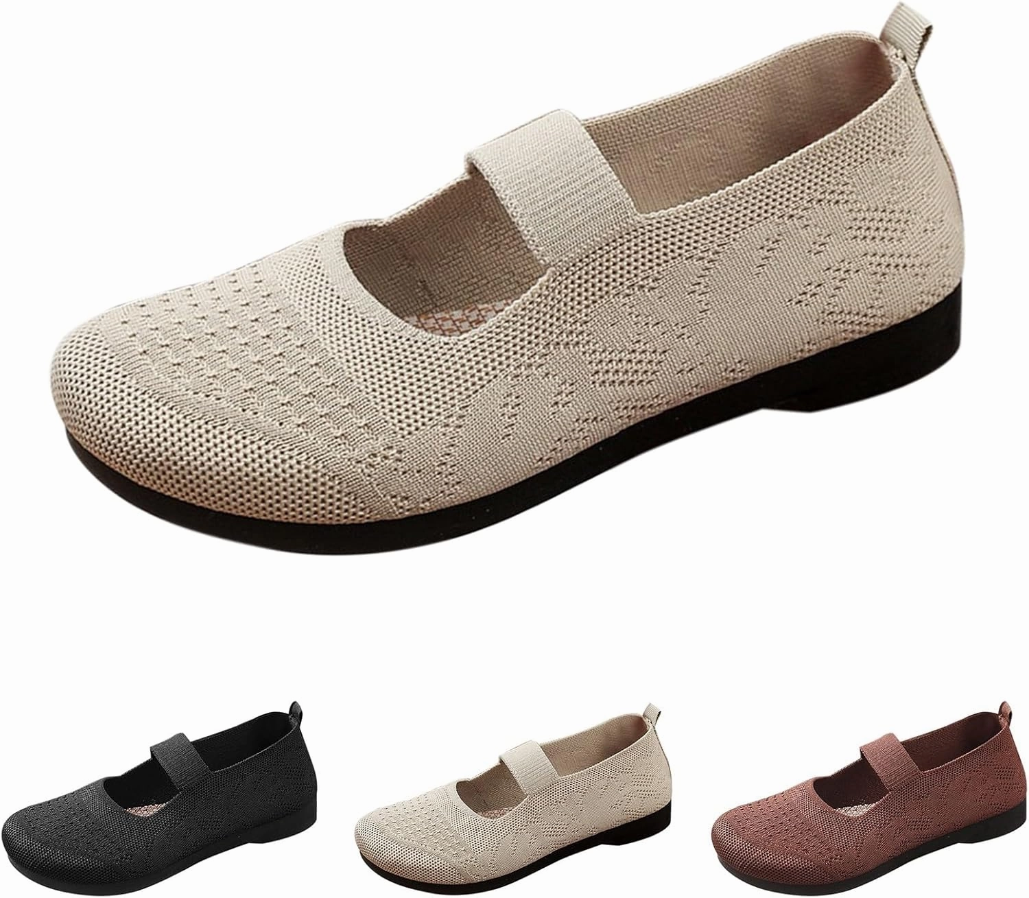 Women Mary Jane Flat Shoes Wide Toe Box Comofortable Ballet Flat with Adjustable Straps Slip on Washable Knit Casual Flats Recyclable Sneakers