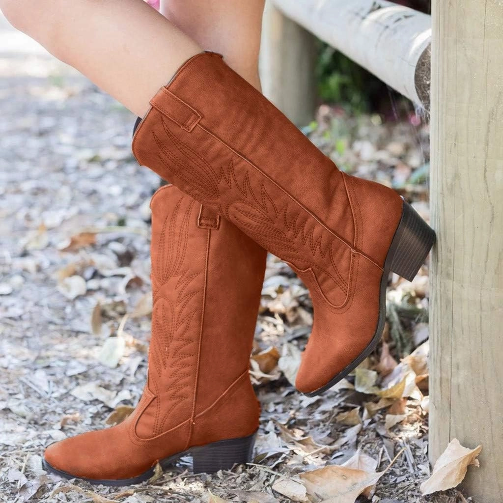 Eduavar Cowboy Boots for Women Cowboy Style, Cowgirl Boots Women Wide Calf Amelia Western Boots Pointed Toe Low Heel Boots Knee Boots Low Heel