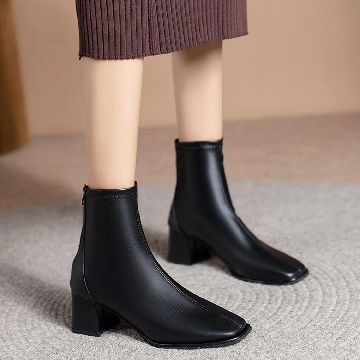 Platform Boots Ankle Boots for Women Dressy Fashion Square Toe Women Artificial Leather Block Heel Short Boots Comfy Ski Boots Near Me