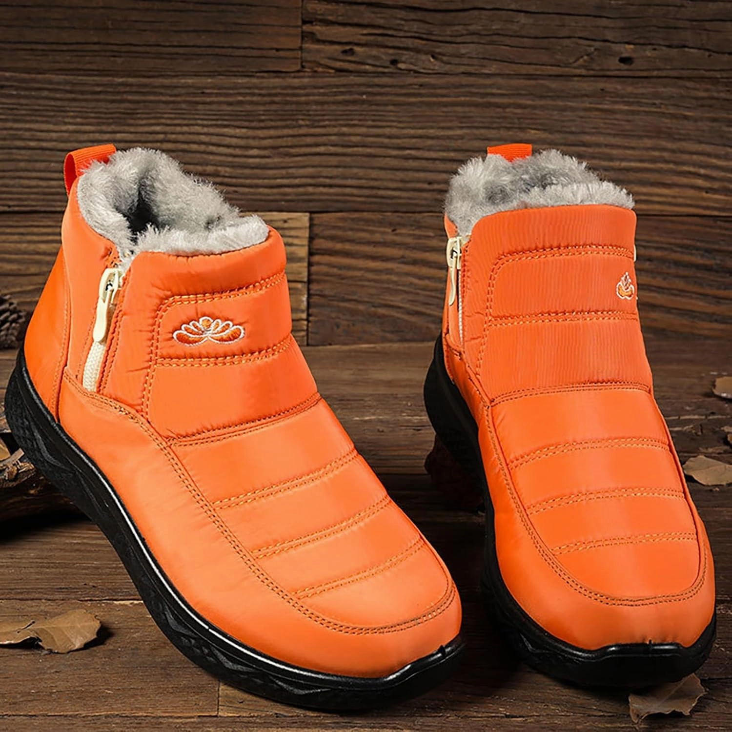 Leather Biker Boots Plush Lined Winter Boots for Women Non Slip Ankle Boots for Women Low Heel Snow Boots Hiking Boots