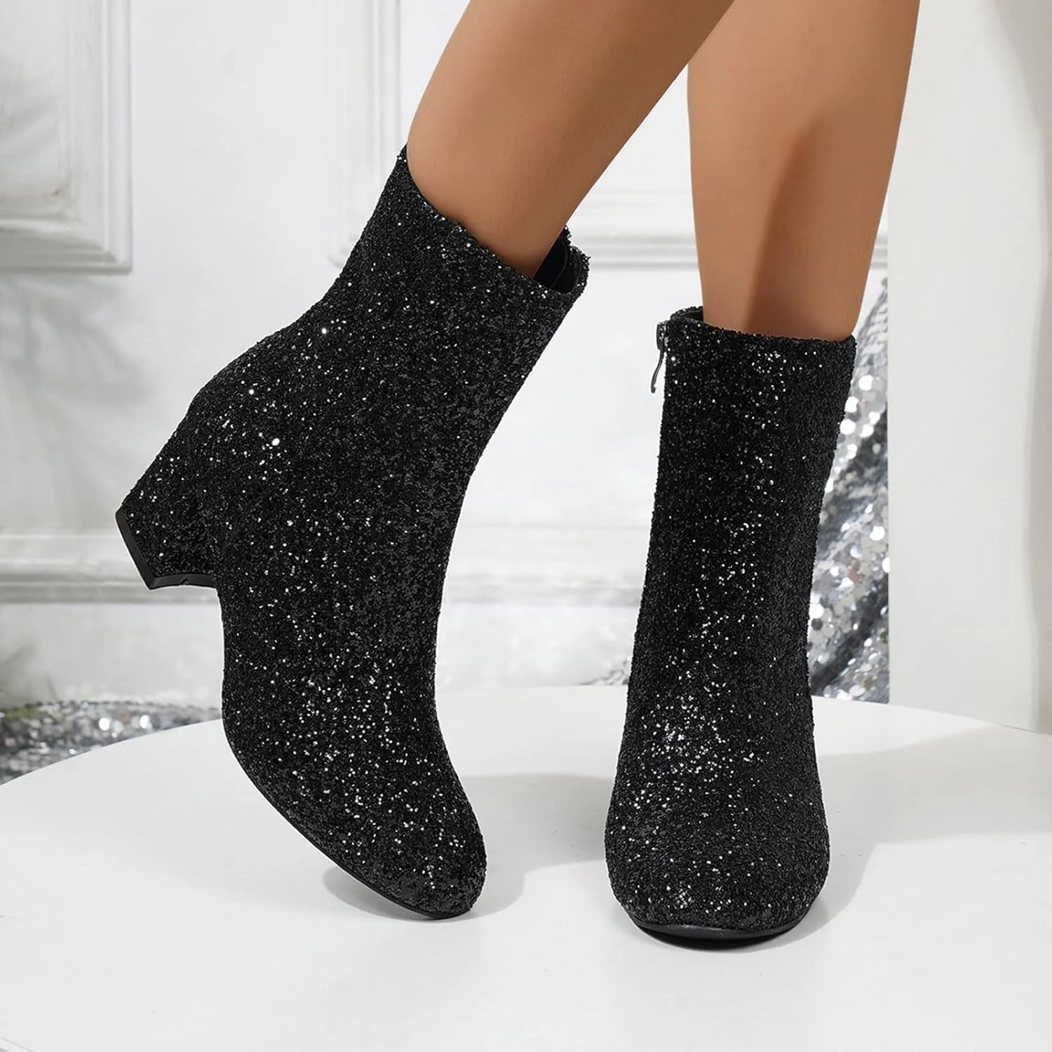 Good Boots For Plantar Fasciitis Ankle Boots for Women Comfy Casual Large Size Round Toe Sequins Fine Glitter Chunky Heel Low Ankle Boots Short Boots