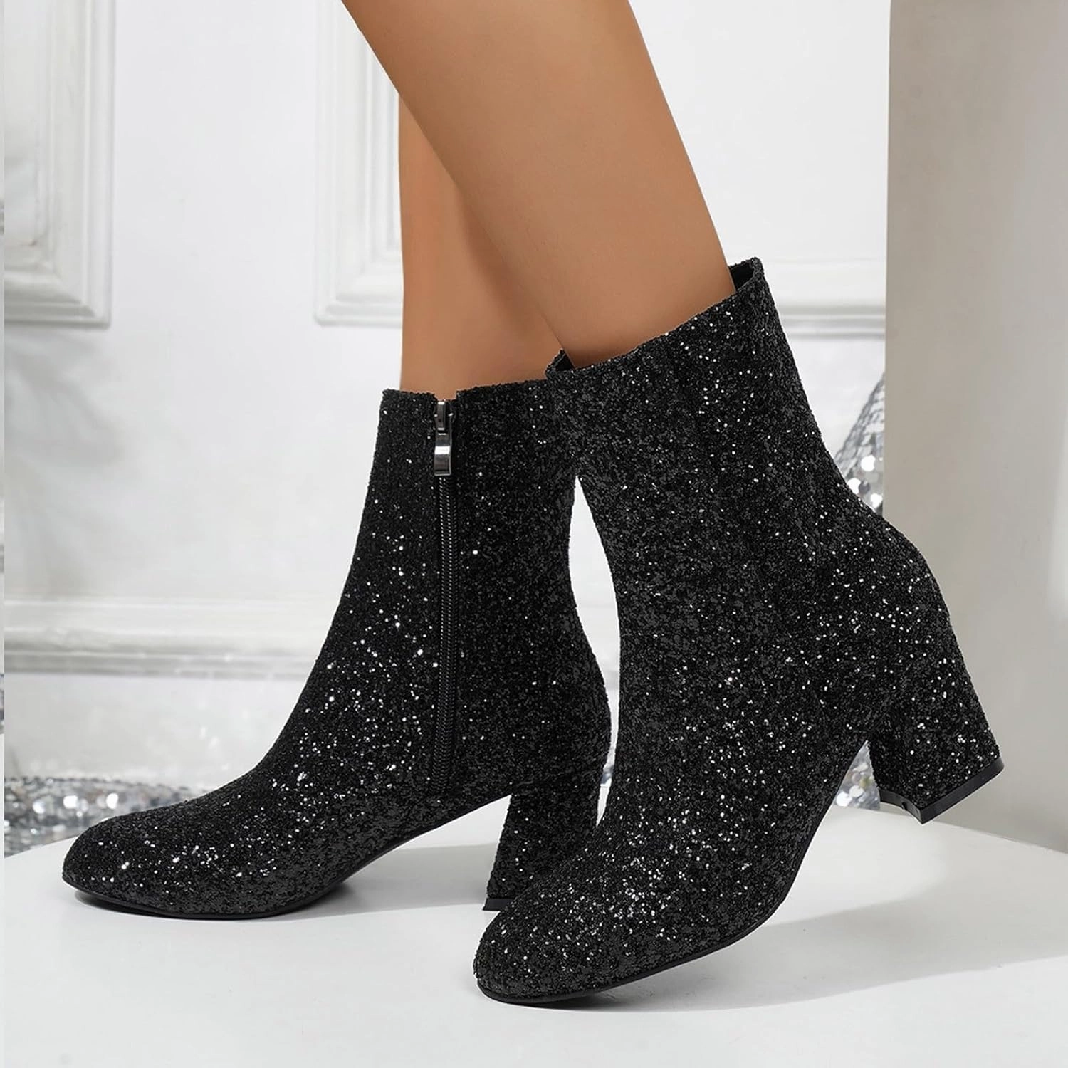 Boots And Cats Ankle Boots for Women Comfy Casual Large Size Round Toe Sequins Fine Glitter Chunky Heel Low Ankle Boots Short Boots