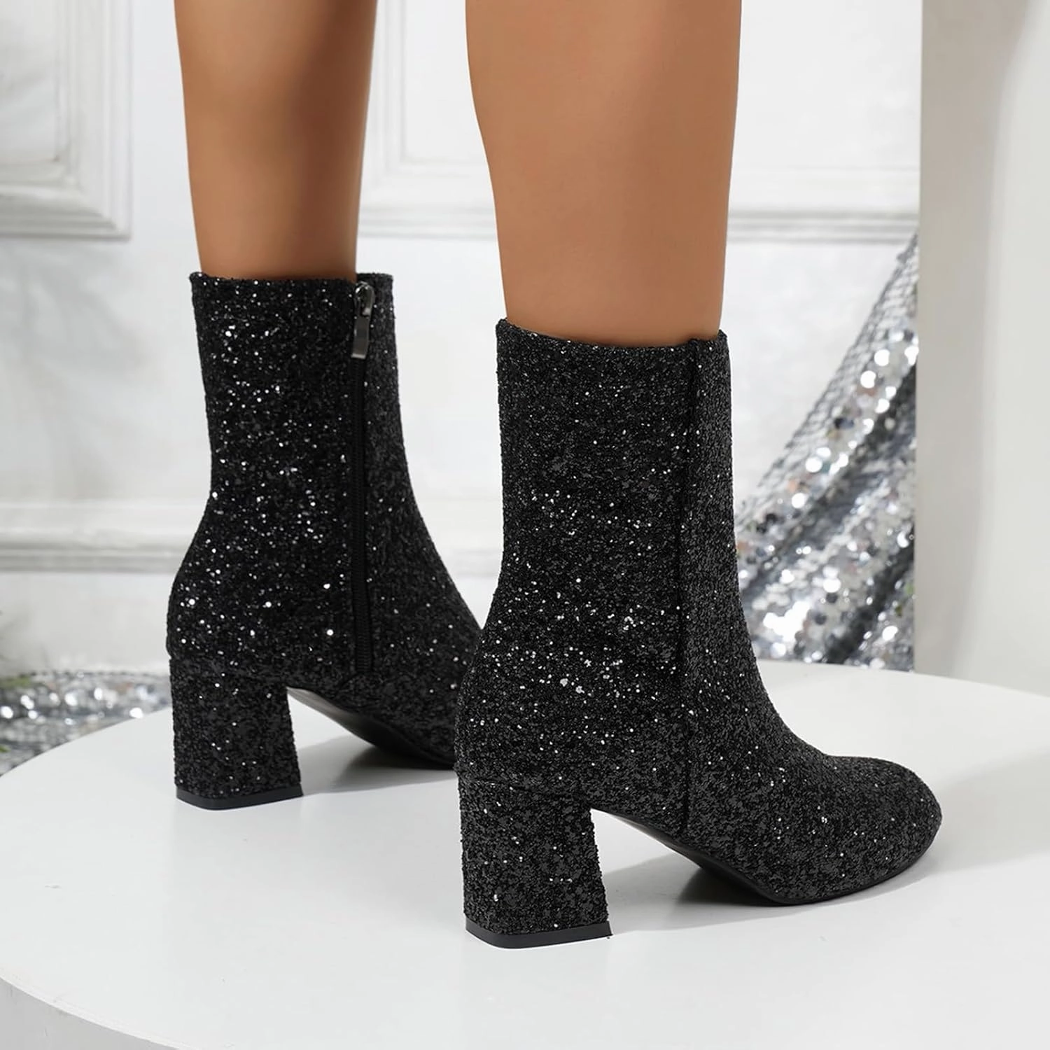 Ankle Boots for Women Comfy Casual Large Size Round Toe Sequins Fine Glitter Chunky Heel Low Ankle Boots Short Boots Cabela Hunting Boots