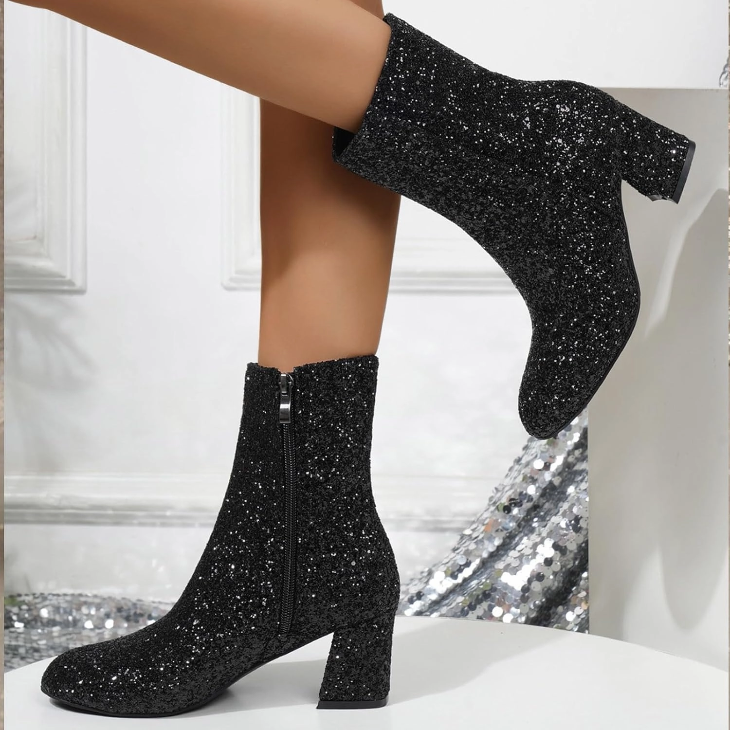 Ankle Boots for Women Comfy Casual Large Size Round Toe Sequins Fine Glitter Chunky Heel Low Ankle Boots Short Boots Wide Square Toe Boots