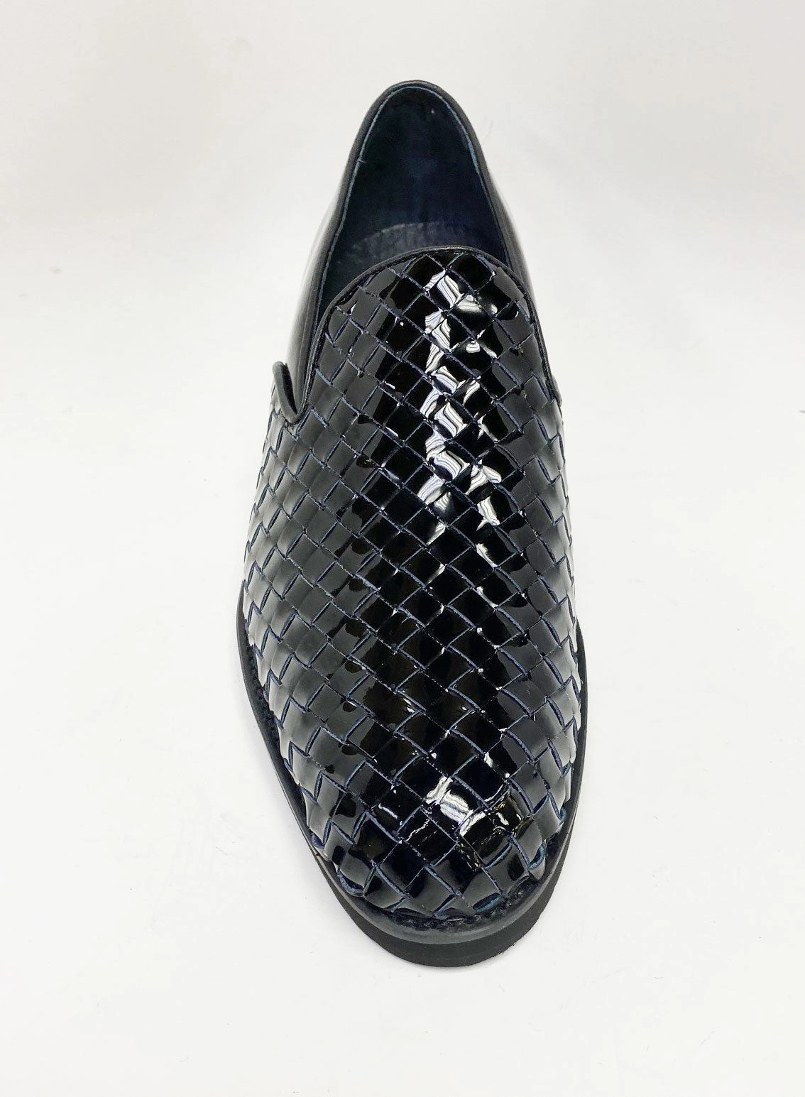 Mens Safety Shoes Slip On Woven Shiny Calfskin Slip-On Loafer Black