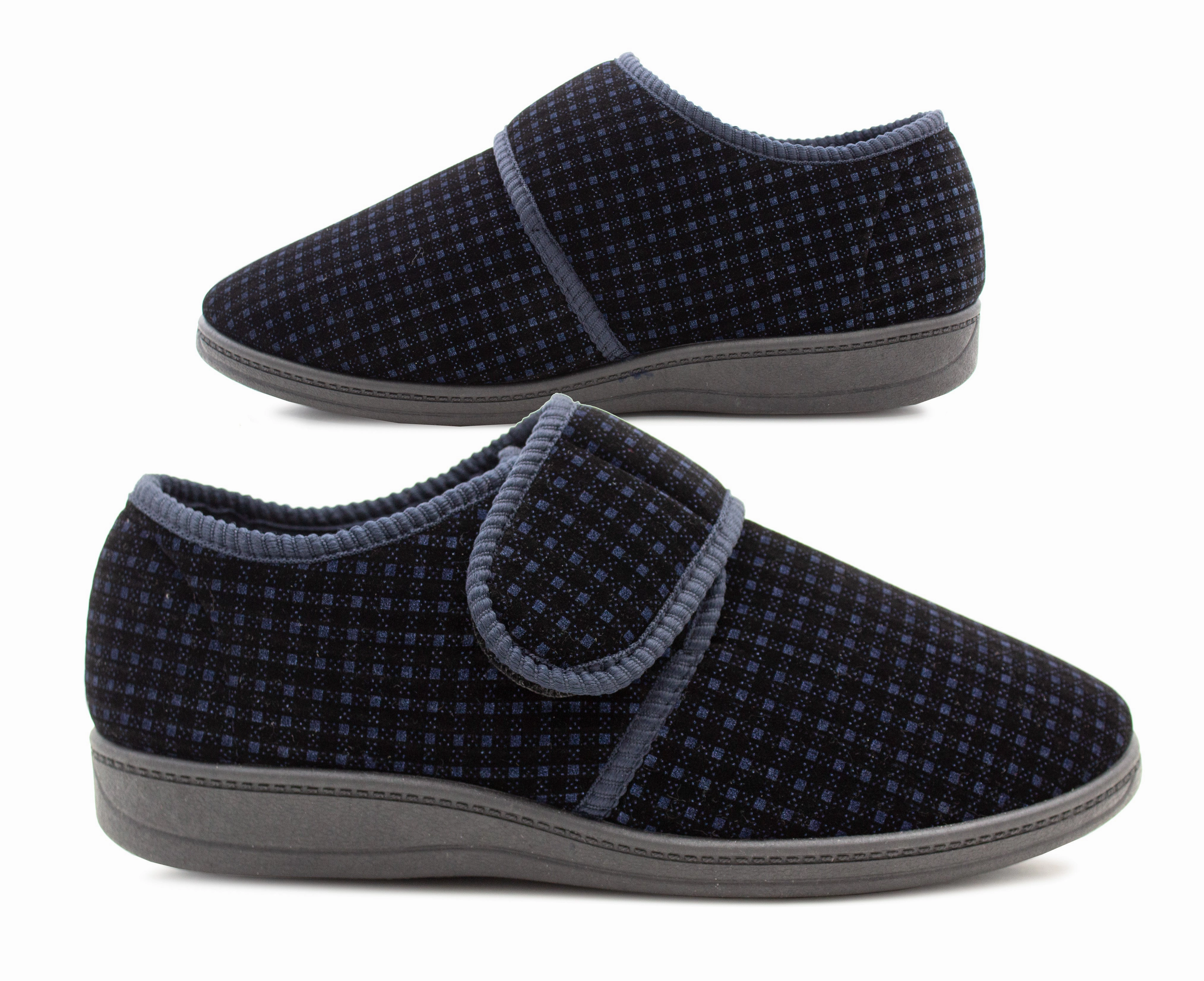 Mens Wide Fit Touch Fasten Slippers Navy Check Memory Foam Insole Comfort Diabetic Wide Opening Orthopaedic Casual Checked Bedroom House Shoes Slippers Free People