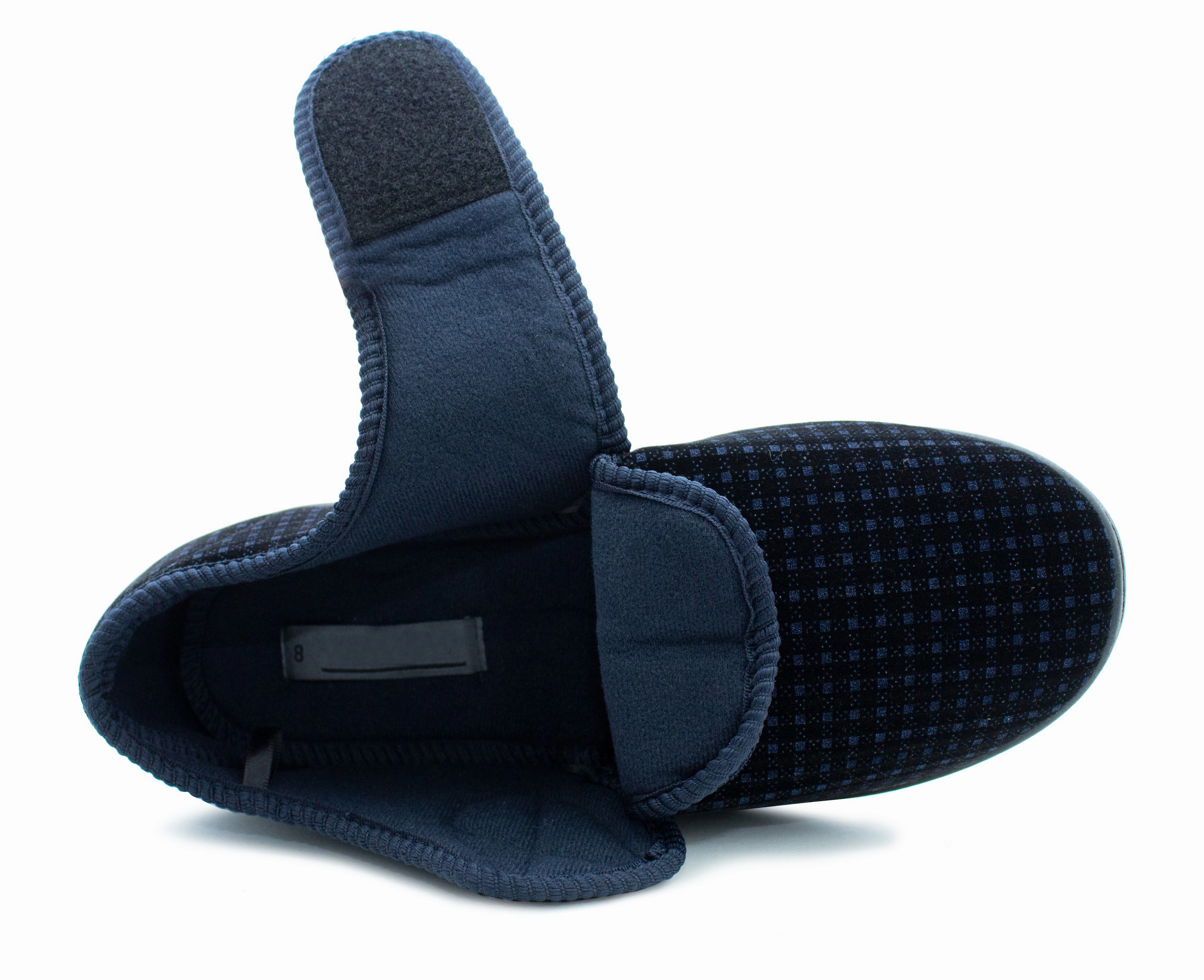Mens Wide Fit Touch Fasten Slippers Navy Check Memory Foam Insole Comfort Diabetic Wide Opening Orthopaedic Casual Checked Bedroom House Shoes Used Slides