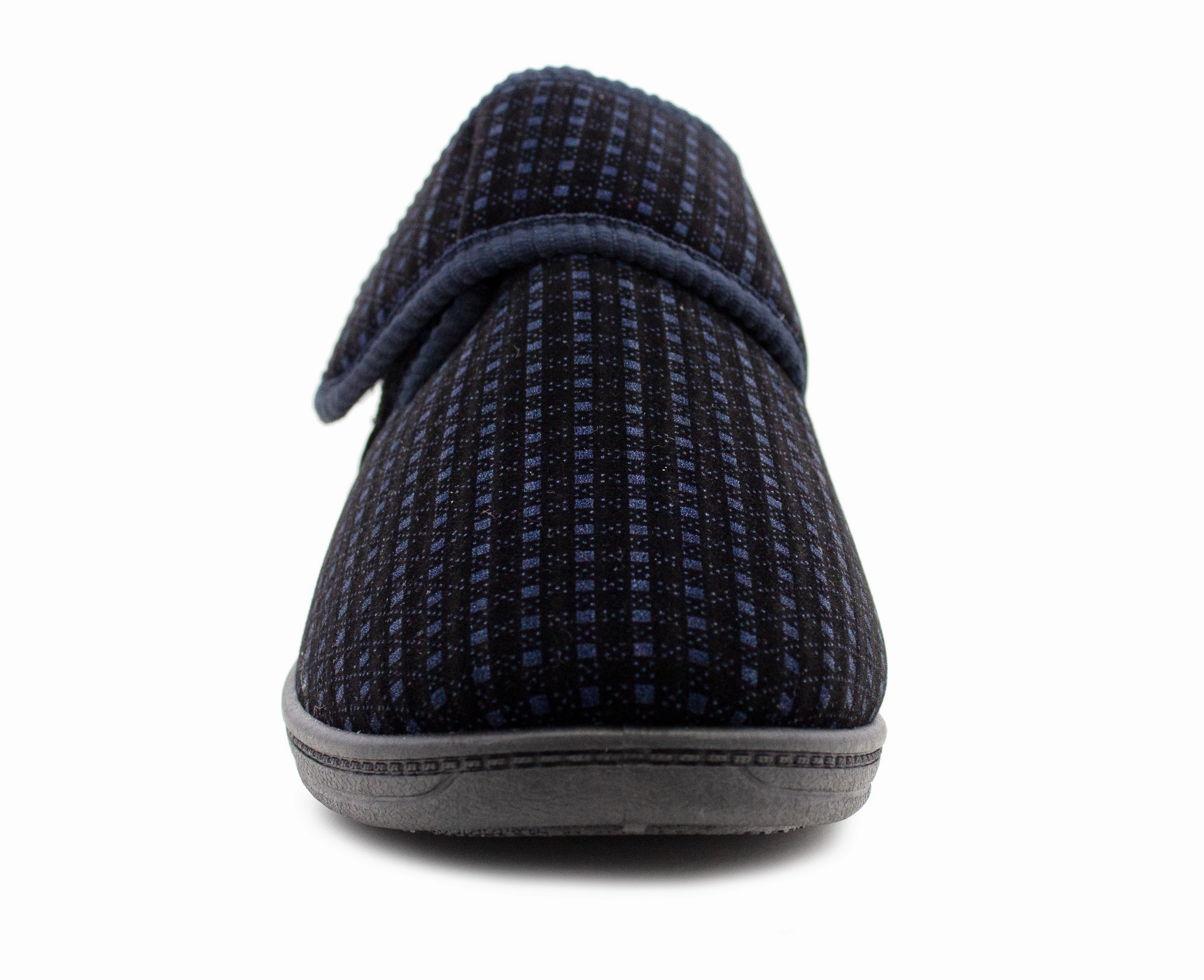Mens Wide Fit Touch Fasten Slippers Navy Check Memory Foam Insole Comfort Diabetic Wide Opening Orthopaedic Casual Checked Bedroom House Shoes Slide In Wedge Sandals