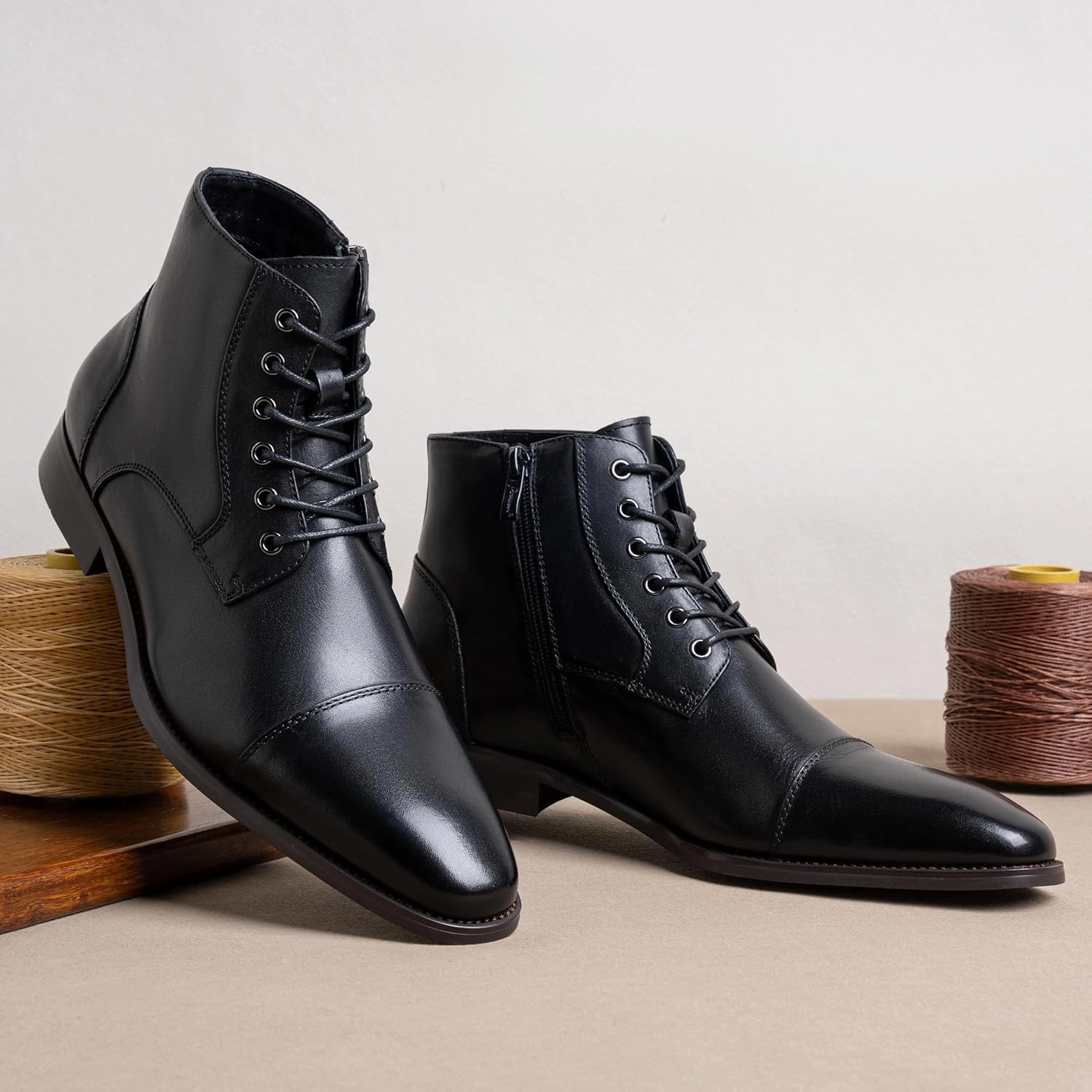 Short Boots With Small Heel Jousen Mens Boots Leather Dress Boots for Mens Cap-Toe Fashion Boots for Men