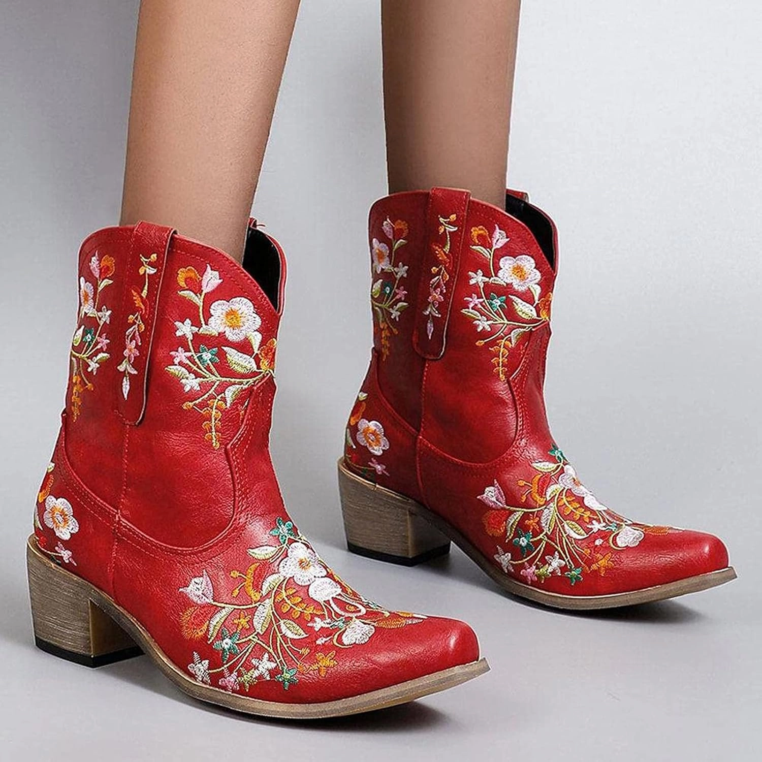 Cowboy Boots for Women Cowgirl Boots Western Embroidered Chunky Heel Pointed Toe Western Boots Pull On Boots PU Women Boots With Buttons