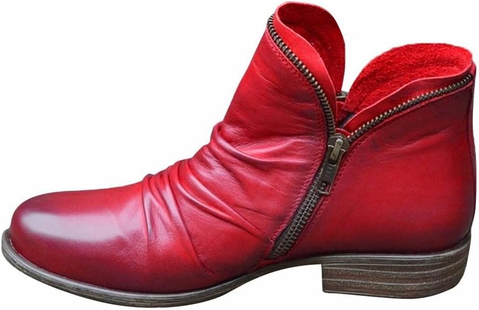 Gibobby Women Boots Low Heel Boots Pointed Toe Stacked Mid Heel Ankle Boots V Cut Back Zipper Booties Boots Timberland