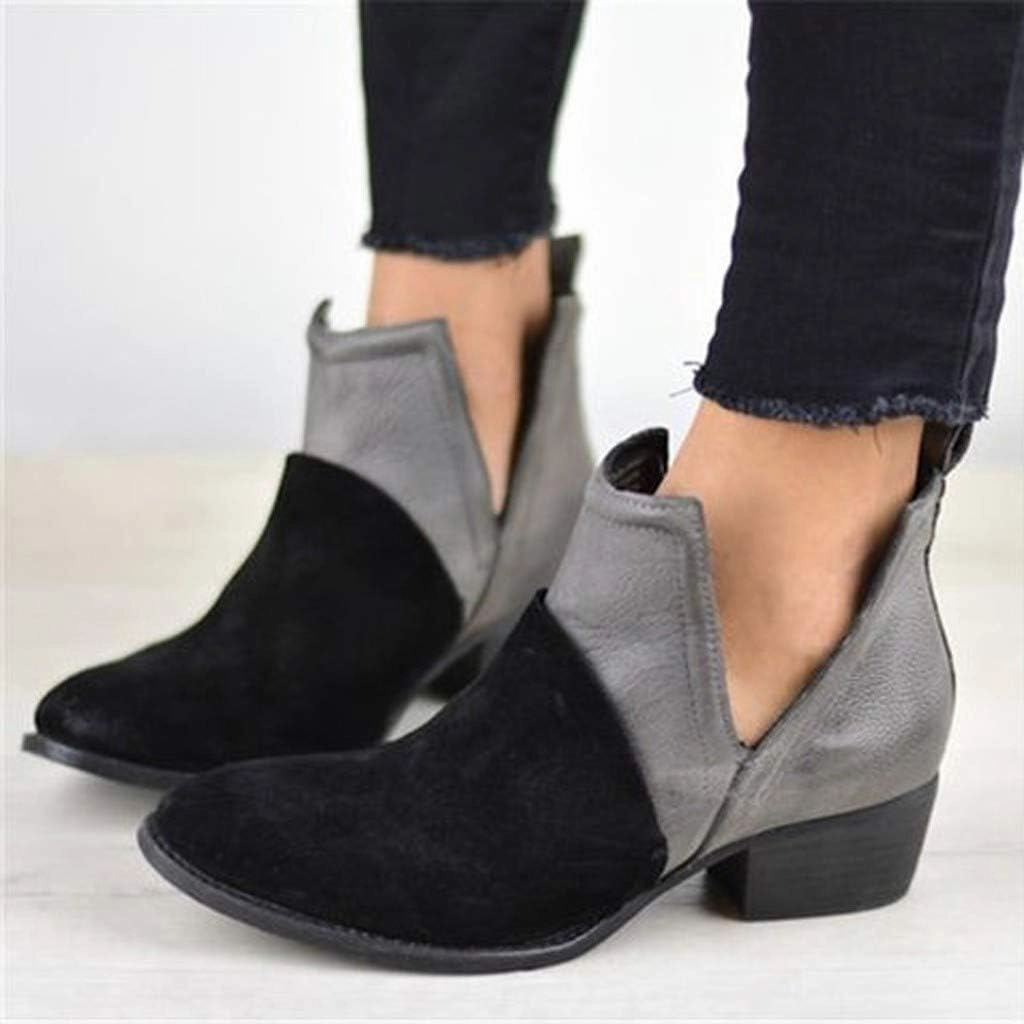 Gibobby Ankle Booties for Women V Cut,Chelsea Boots Slip on Ankle Boots Chunky Pointed Toe Cutout Low Heel Shoes Wide Chelsea Boots