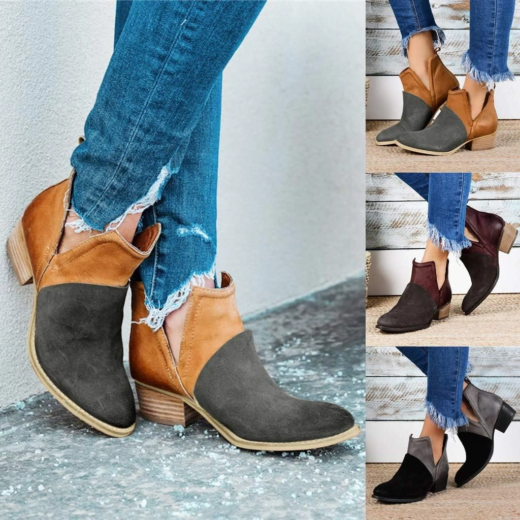 Gibobby Ankle Booties for Women V Cut,Chelsea Boots Slip on Ankle Boots Chunky Pointed Toe Cutout Low Heel Shoes Fur High Heel Boots