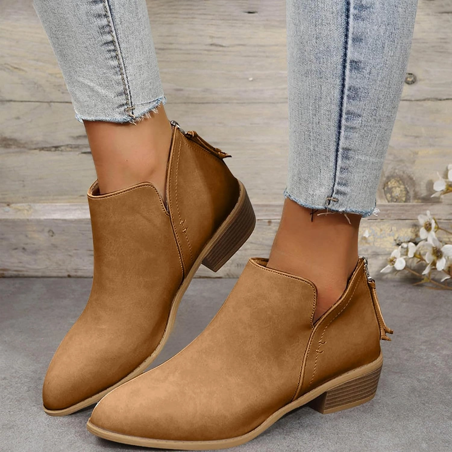 Ankle Boots for Women Dressy Pointed Toe Boots Womens Western Chunky Heels Fashion Low Heel Pull on V Cut Boots Wide Width Western Boots