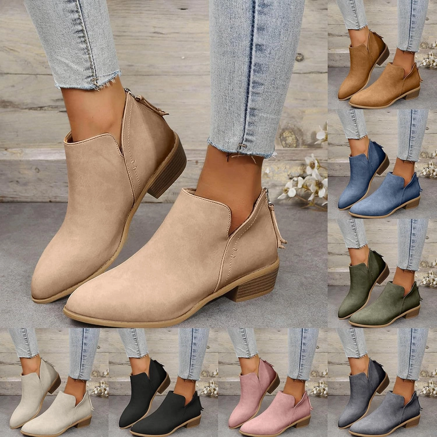 Winter Boots Men Ankle Boots for Women Dressy Pointed Toe Boots Womens Western Chunky Heels Fashion Low Heel Pull on V Cut Boots
