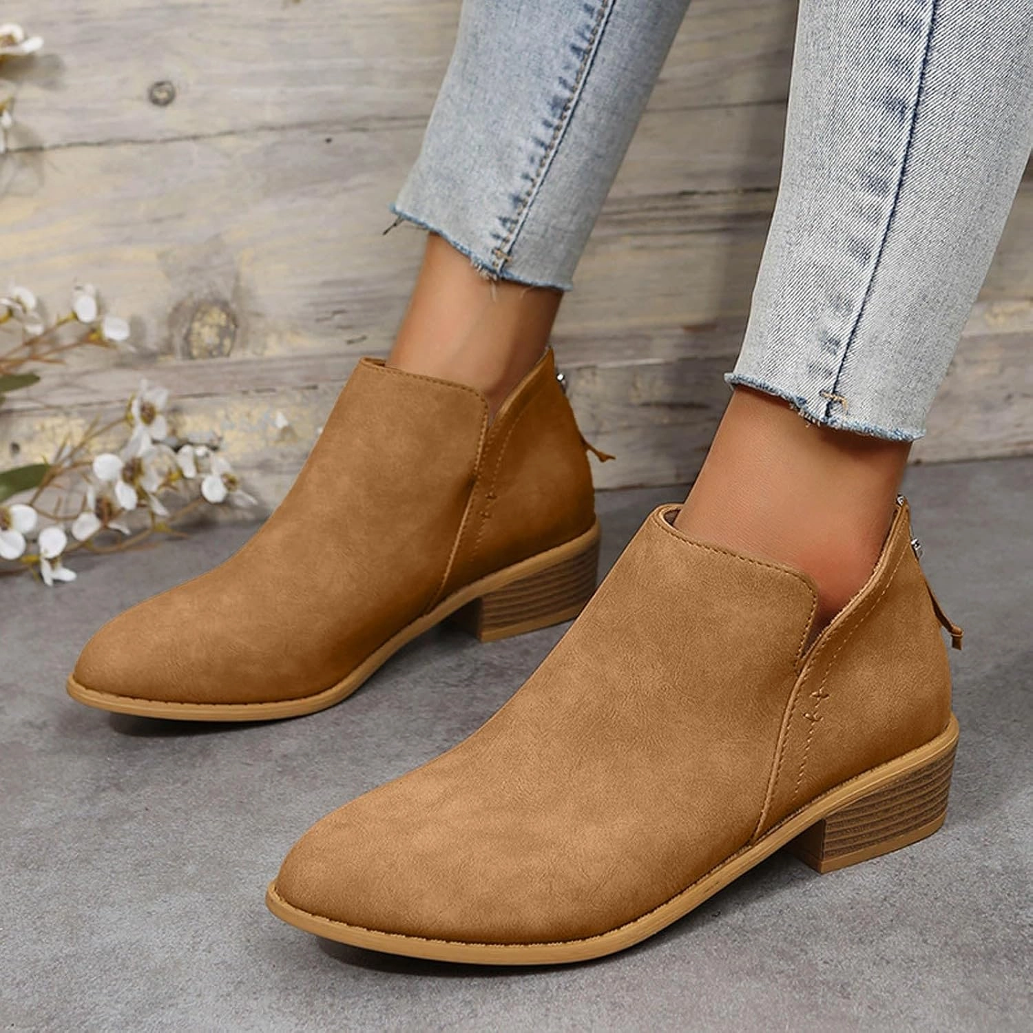 Logging Boots Ankle Boots for Women Dressy Pointed Toe Boots Womens Western Chunky Heels Fashion Low Heel Pull on V Cut Boots