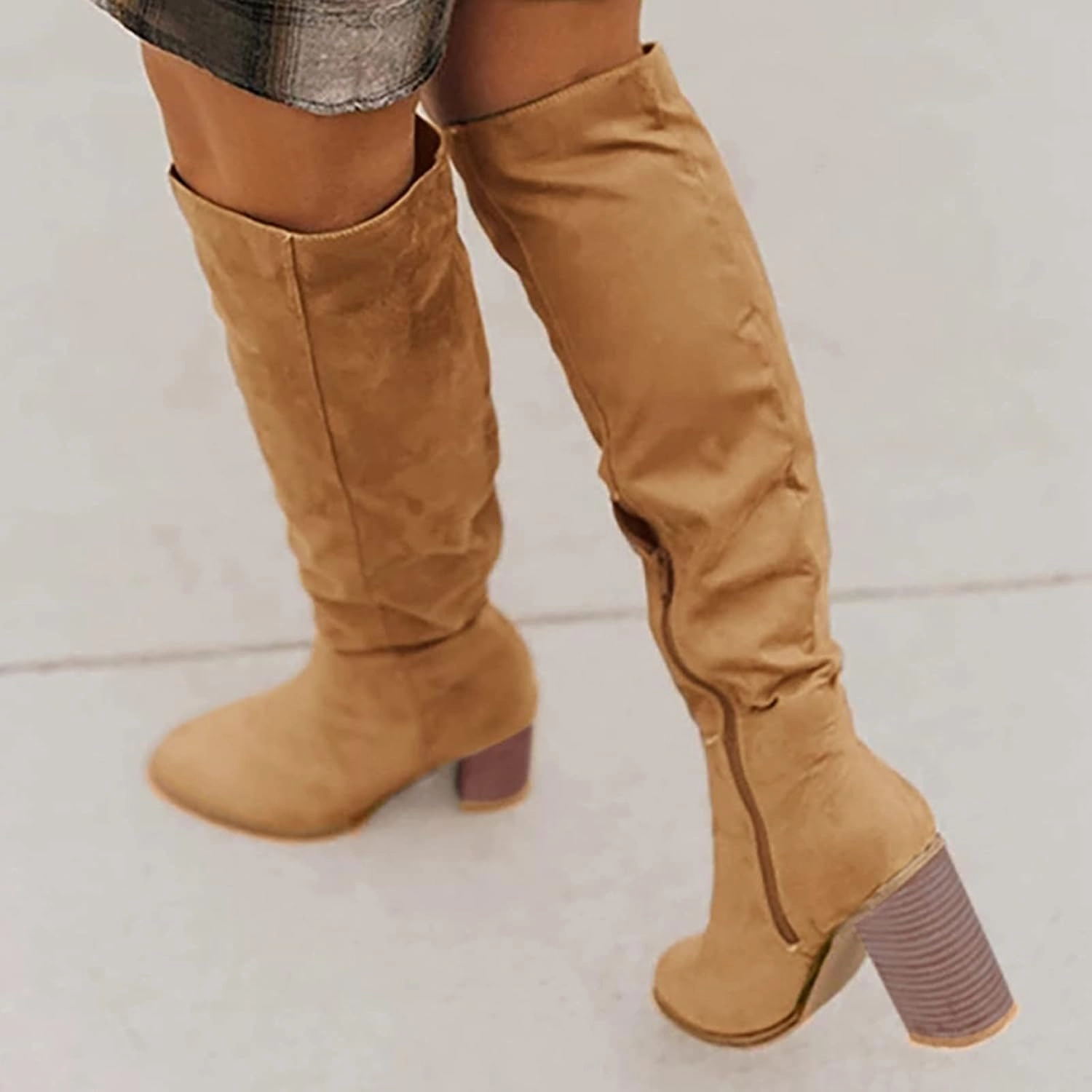 Boots With Width Boots for Women Knee High Western Boots Women Flock Chunky Heels Pointed Toe Zip up Thigh High Women Boots Outdoor