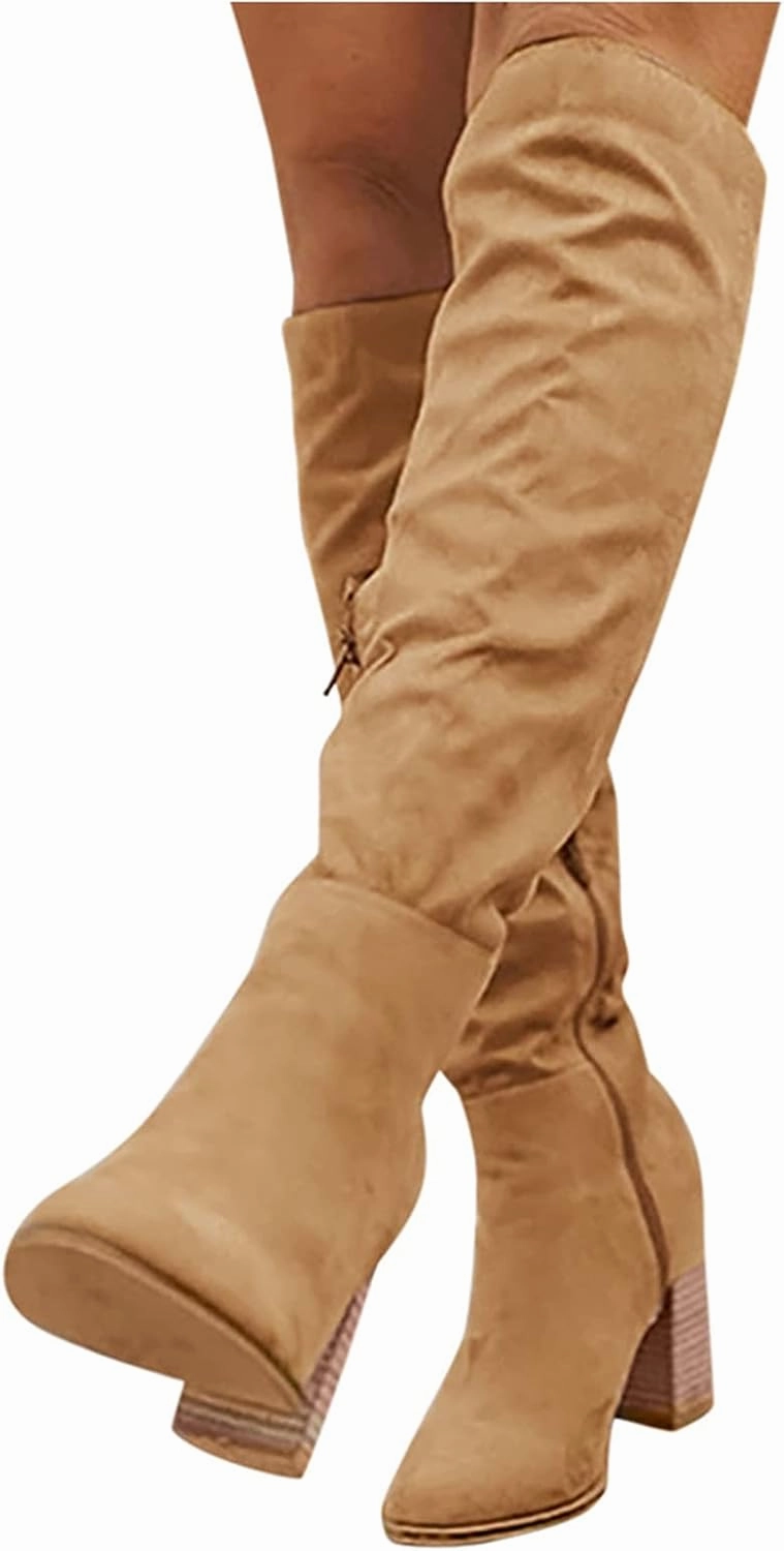 Path Of Exile Boots Boots for Women Knee High Western Boots Women Flock Chunky Heels Pointed Toe Zip up Thigh High Women Boots Outdoor