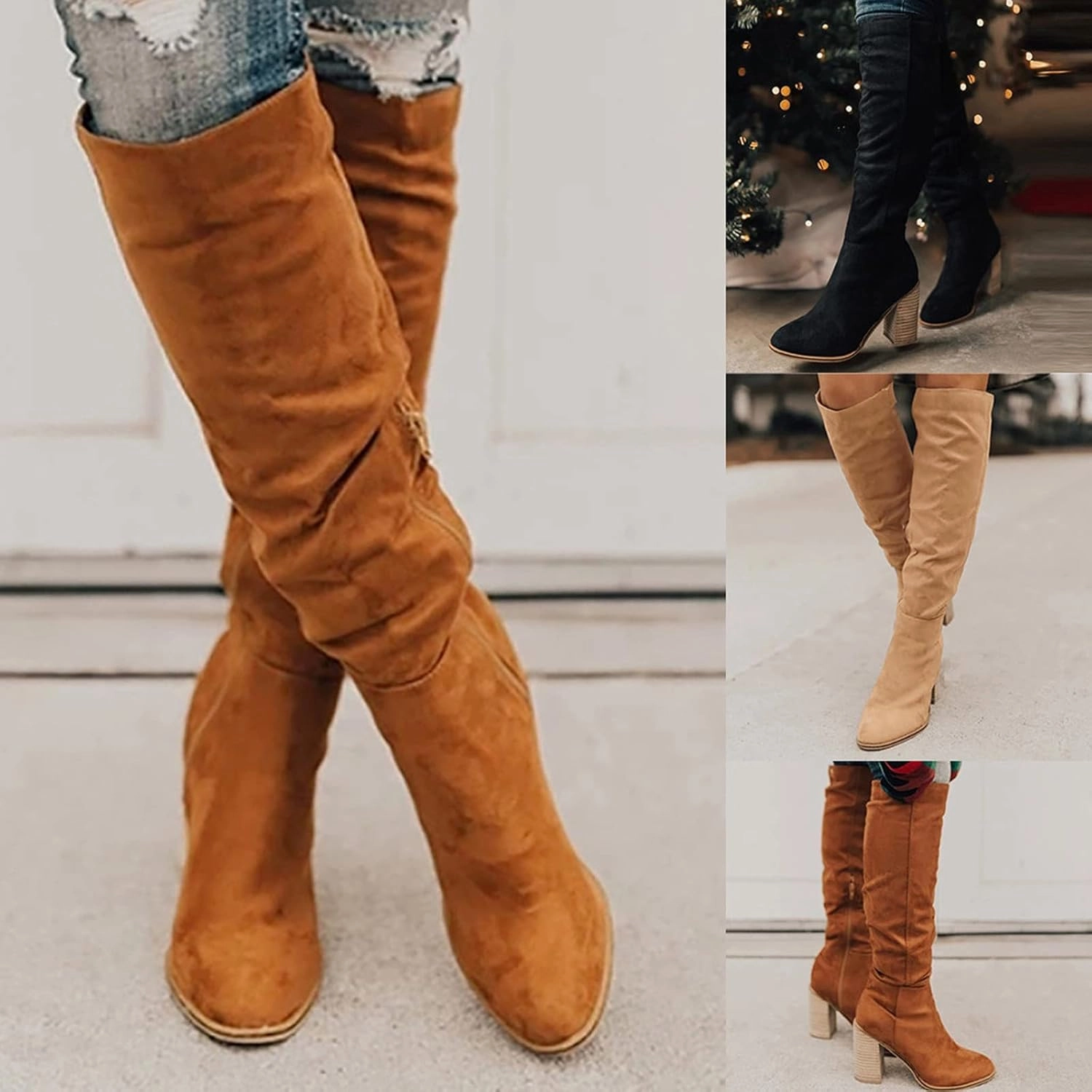 Boots for Women Knee High Western Boots Women Flock Chunky Heels Pointed Toe Zip up Thigh High Women Boots Outdoor J Crew Boots