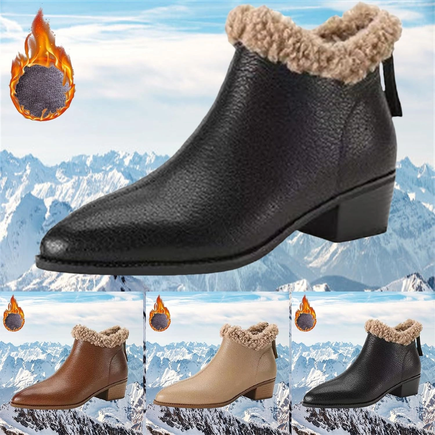 Boots Of Spring Heeled Jack Womens Pointed Toe Low Heel Snow Boots Winter Snow Slip On Shoes Warm Cozy Fur Lined Back Zipper Ankle Booties