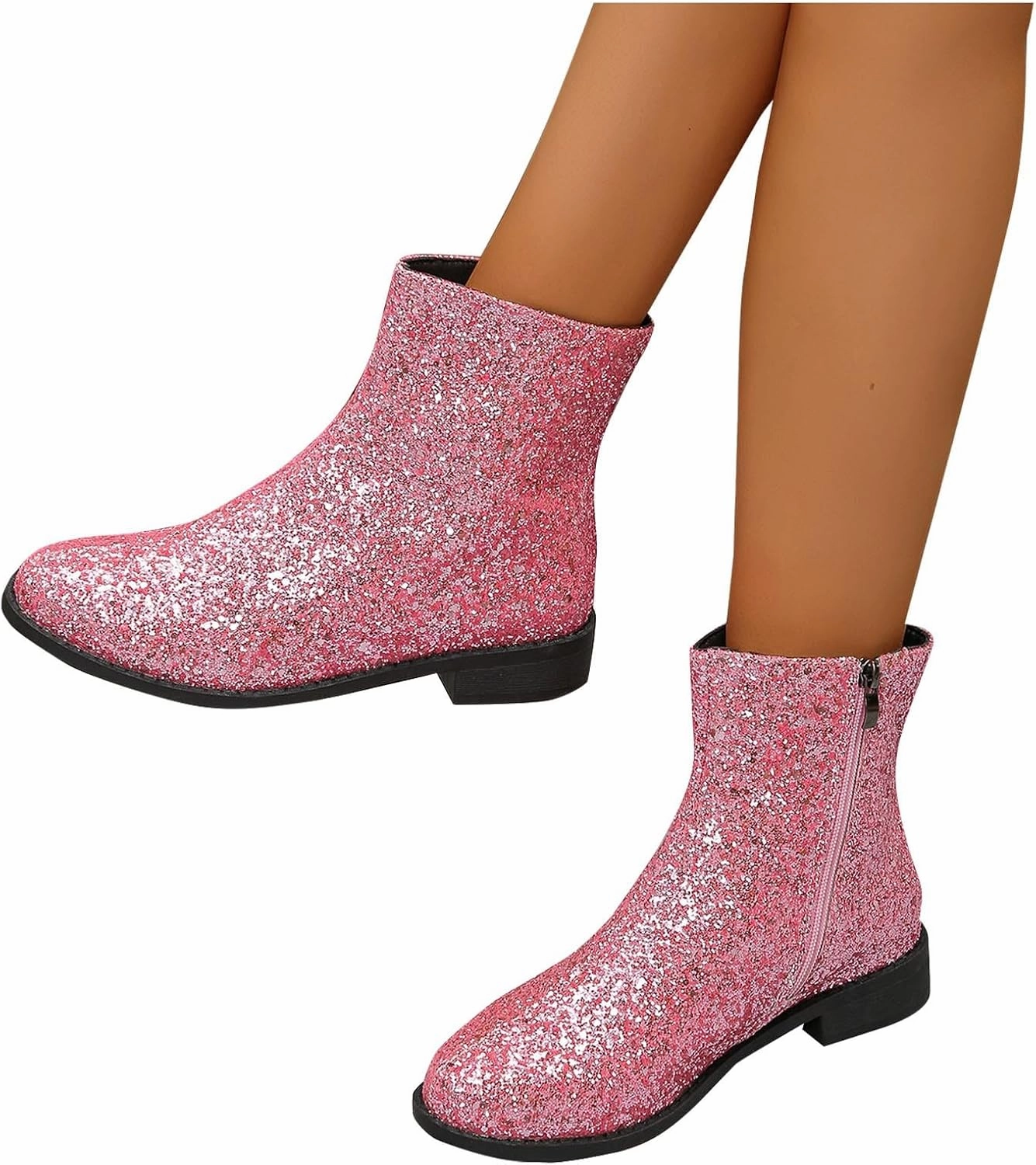 Fashion Glitter Ankle Boots Women Sparkly Zipper Low Heel Booties Shoes Round Toe Sequin Short Boot Mid Calf Bootie Wide Width Booties For Women Todays Deals In Clearance Fynn Boots