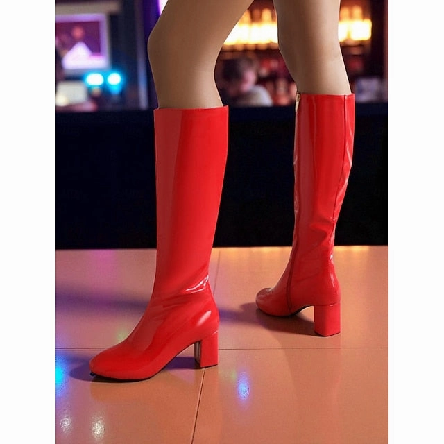 Red Heel Leather High with Boots Women's Block Knee Patent