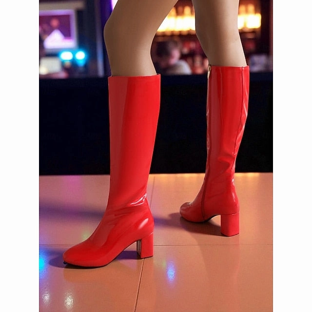 Red Heel Leather High with Boots Women's Block Knee Patent Chic High Heels