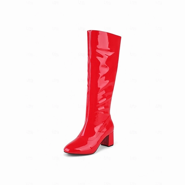 Red Heel Leather High with Boots Women's Block Knee Patent High Heel Design