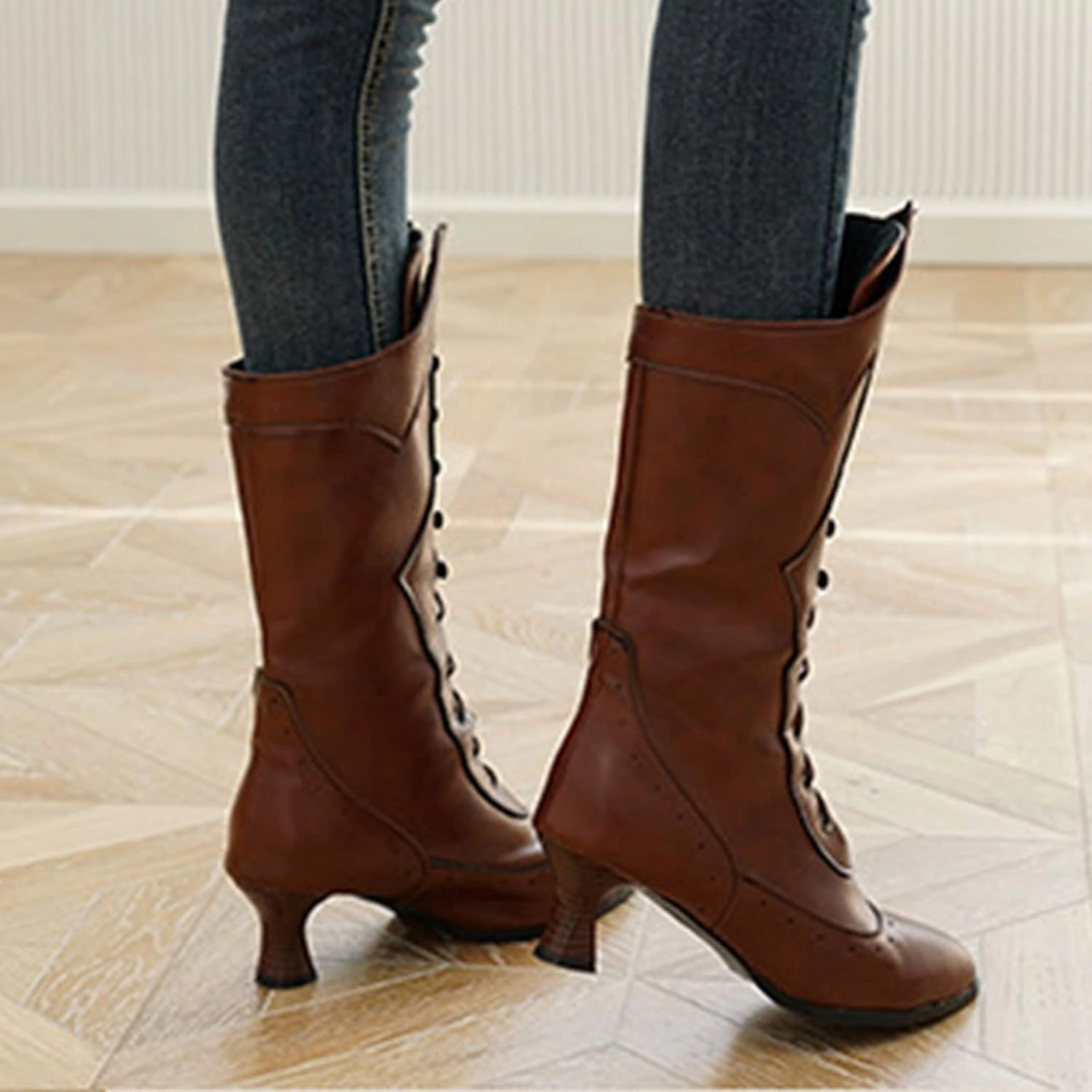 Steel Toe Winter Boots Ctreela Vintage Mid Calf Boots Western Cowboy Bootie Classic Baroque Dress Boot Gothic Knight Boots Witch Boots for Women