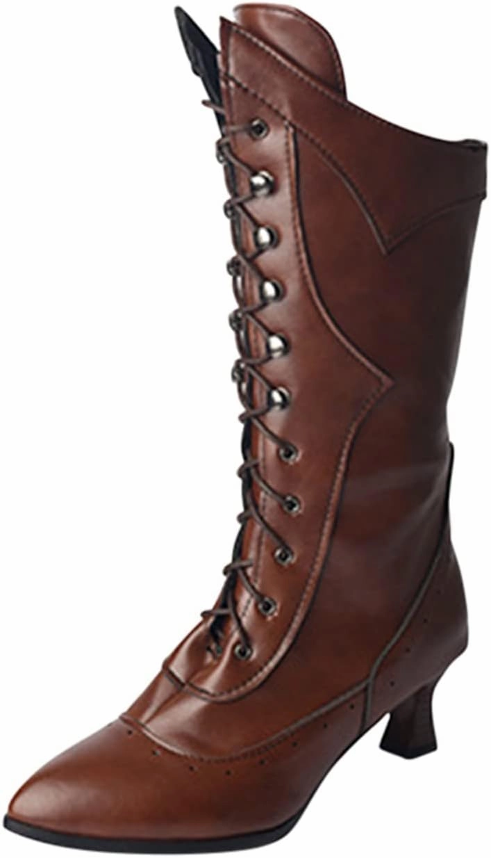 Ctreela Vintage Mid Calf Boots Western Cowboy Bootie Classic Baroque Dress Boot Gothic Knight Boots Witch Boots for Women Cowgirl Snip Toe Boots