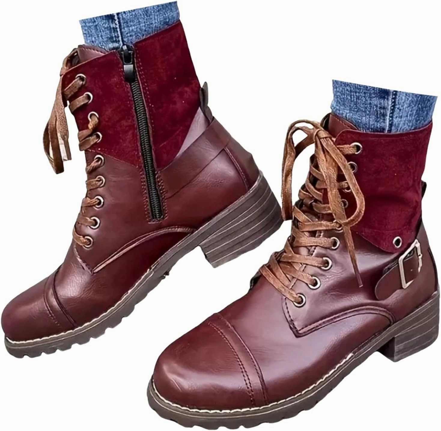 Womens Ankle Boots Low Heel Mid Calf Boots Couple Round Toe Chunky Heel Lace Up Solid Color Women's Low Boots Western Boots Square Toe