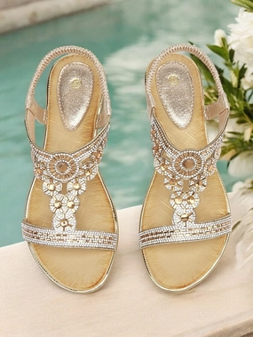 Rhinestone Embellished Sandals T-Strap  Women's Elegant Strappy Sandals Leather