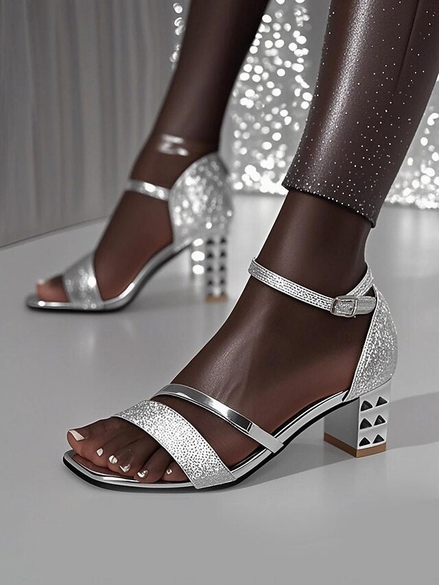 Versace Sandals Sandals Glitter Strap  Block Women's Silver Ankle Heel