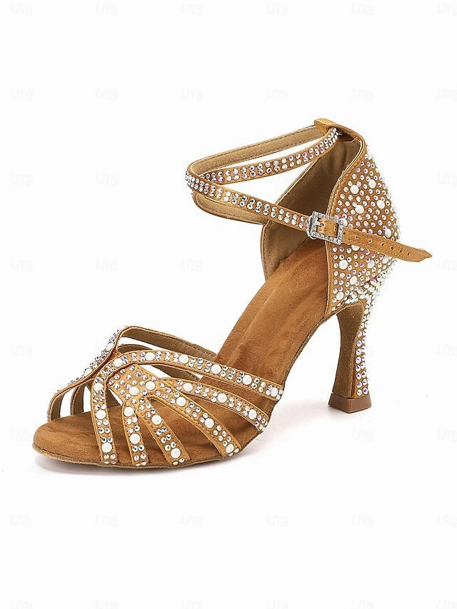 Sandals with Tan Latin Rhinestone-Embellished High Dance Heel
