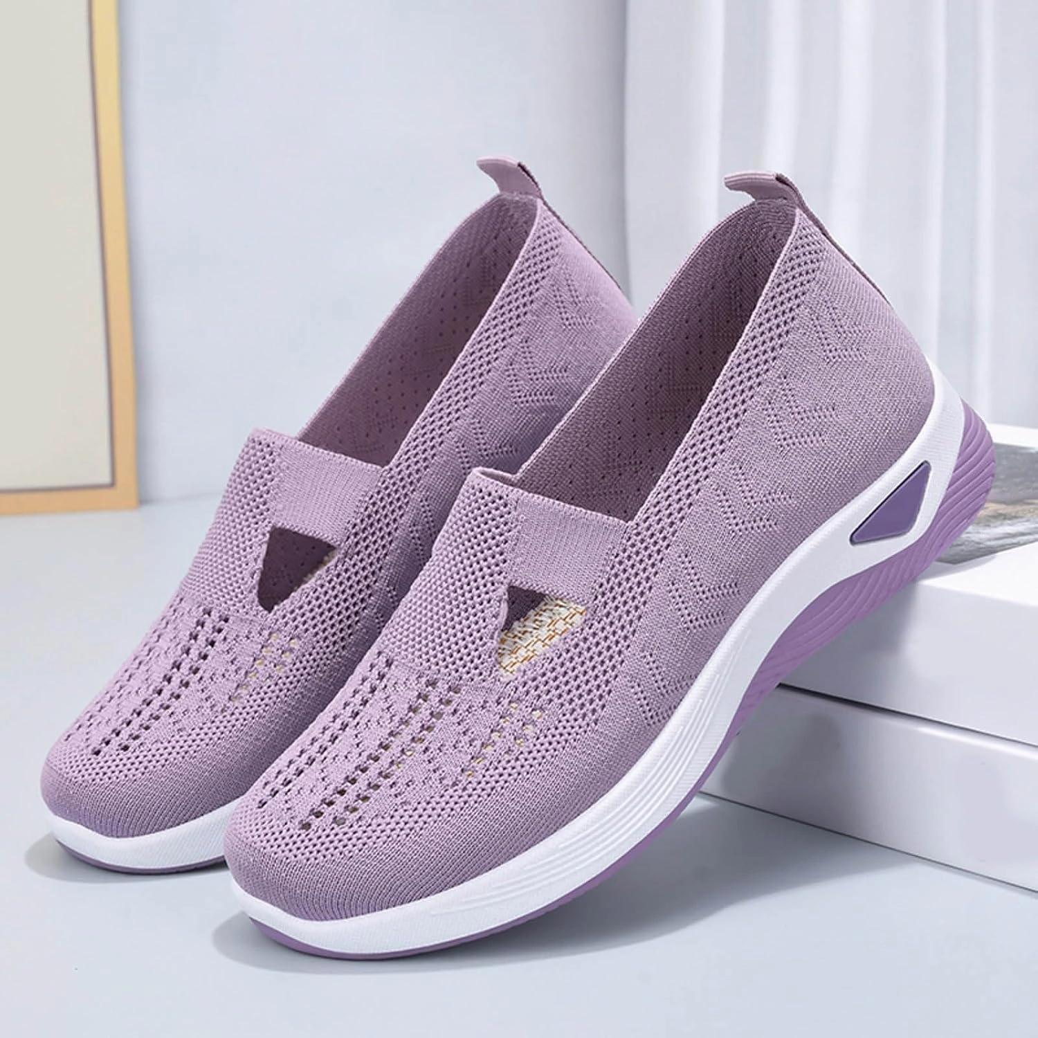 Womens Orthopedic Sneakers Comfortable Slip on Walking Shoes Mesh Breathable Lightweight Sneaker Non-Slip Woven Shoes with Arch Support Purple Shoes Sneakers