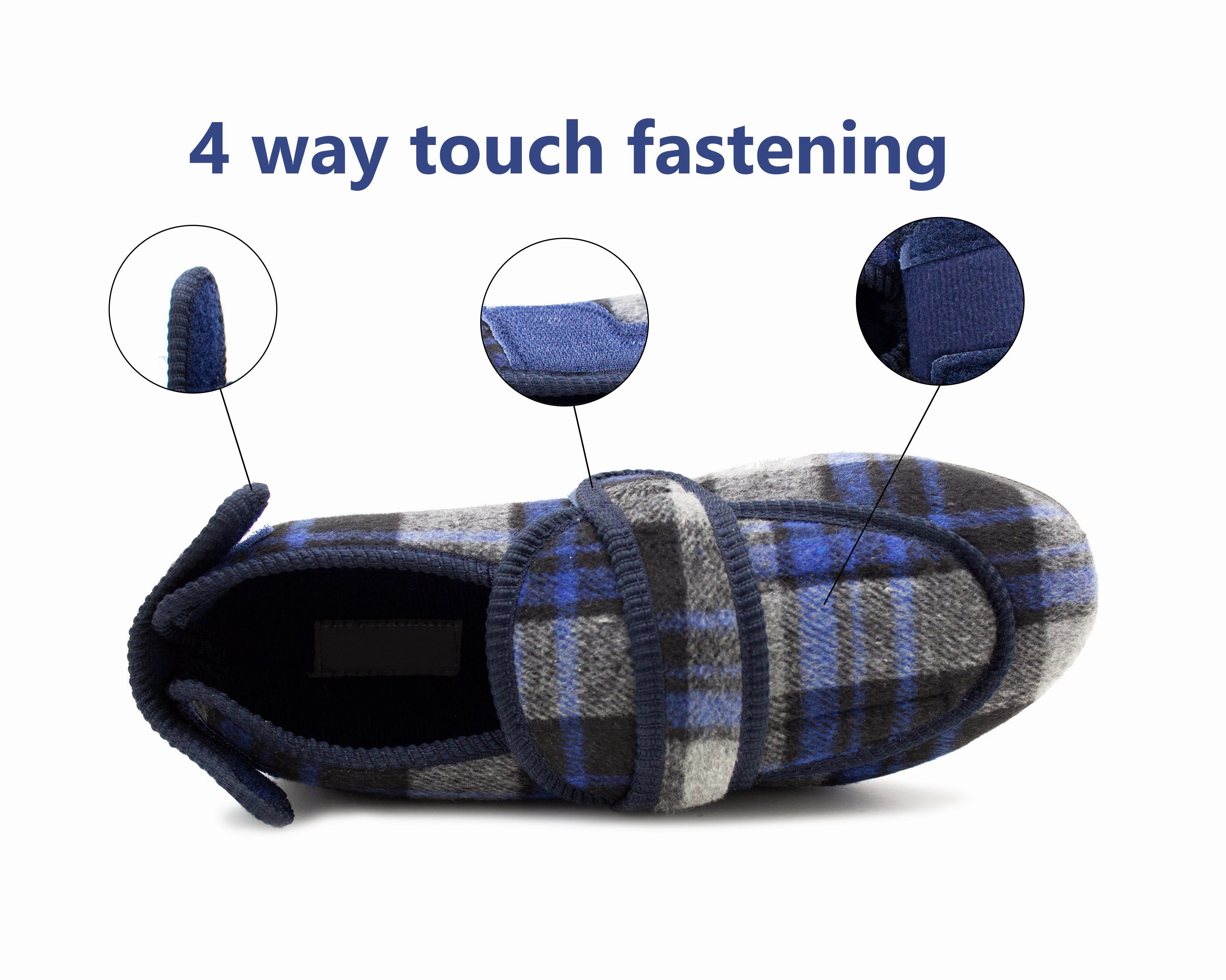 Peep Toe Slides Mens Wide Opening Touch Fasten Diabetic Slippers Orthopaedic Felt Check Slip On House Shoes