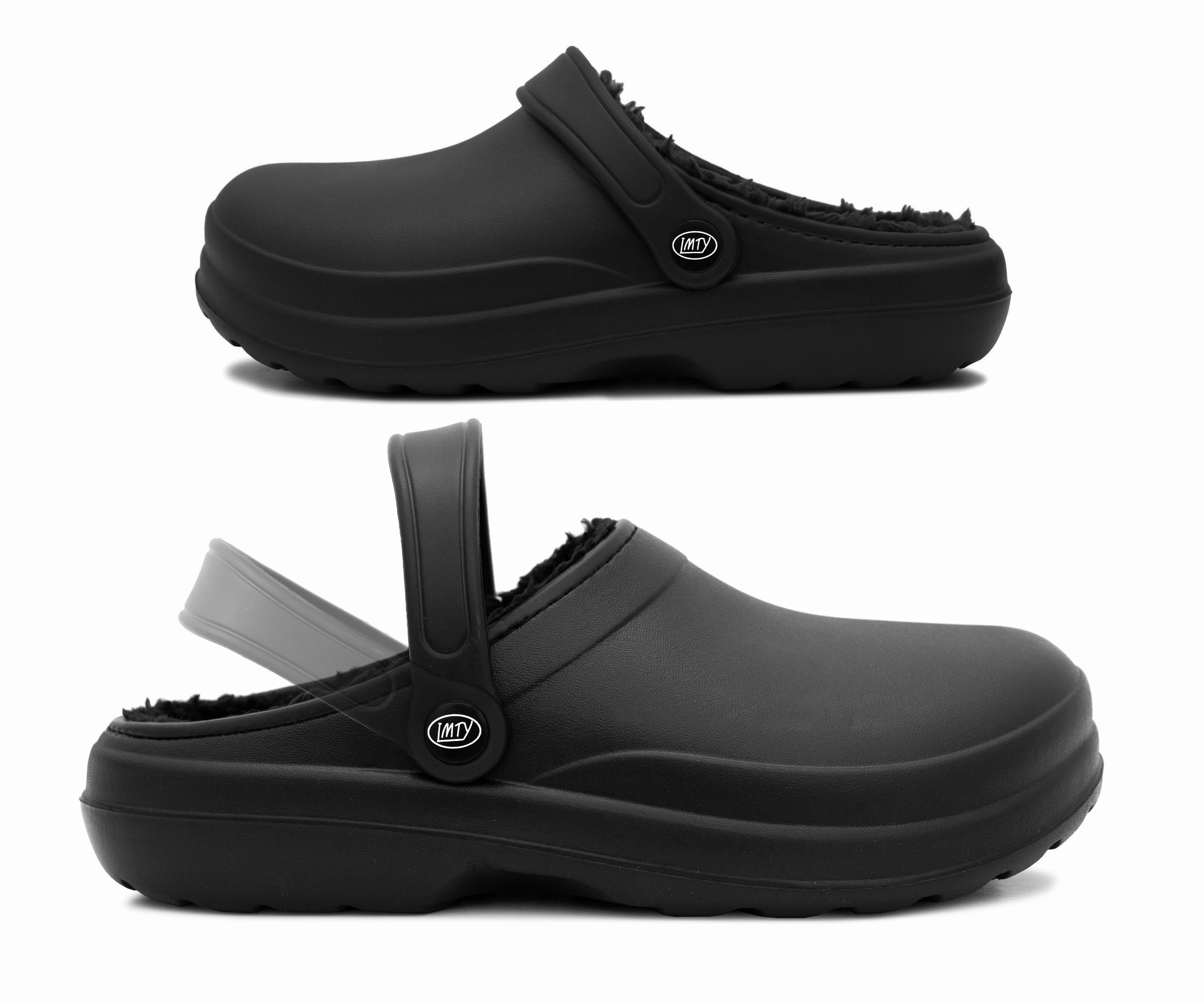 Platform Slippers Sand Mens Clogs Warm Fleece Lined Black Thermal Garden Clogs Waterproof Lightweight EVA Adjustable Faux Fur Slippers Hospital House Shoes