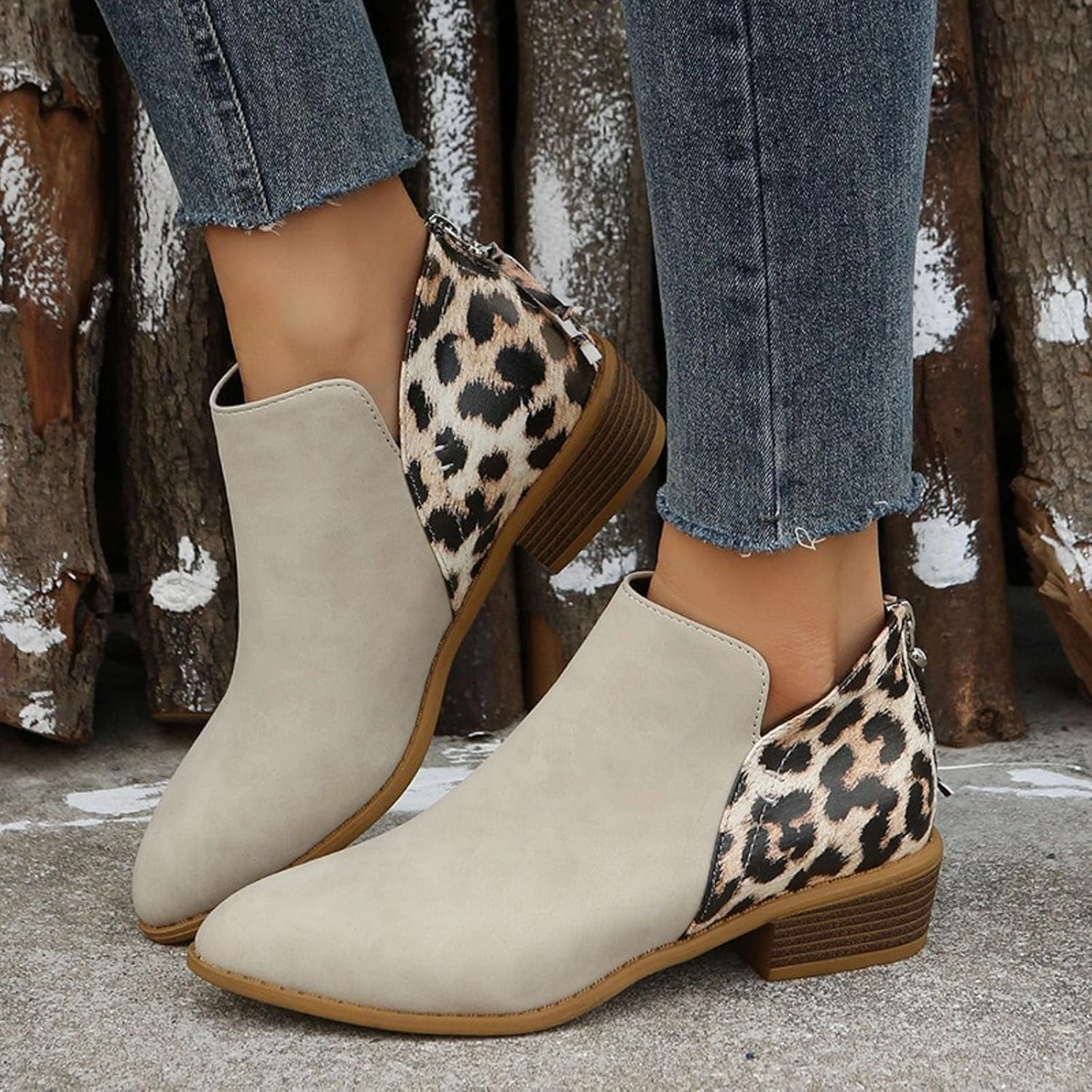 Ankle Boots Autumn and Winter Large Size Suede Boots Women Chunky Heel Leopard Print Side Zipper Women's Short Boots Santa Claus Boots