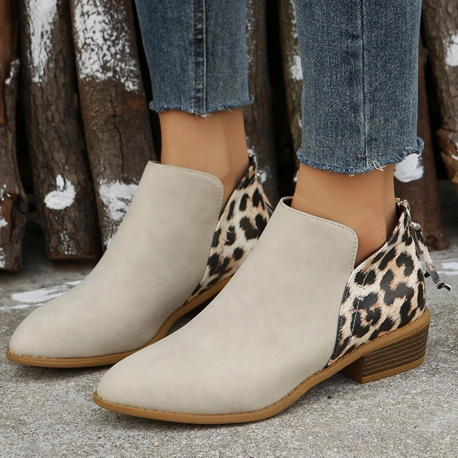 Long Toed Mexican Boots Ankle Boots Autumn and Winter Large Size Suede Boots Women Chunky Heel Leopard Print Side Zipper Women's Short Boots