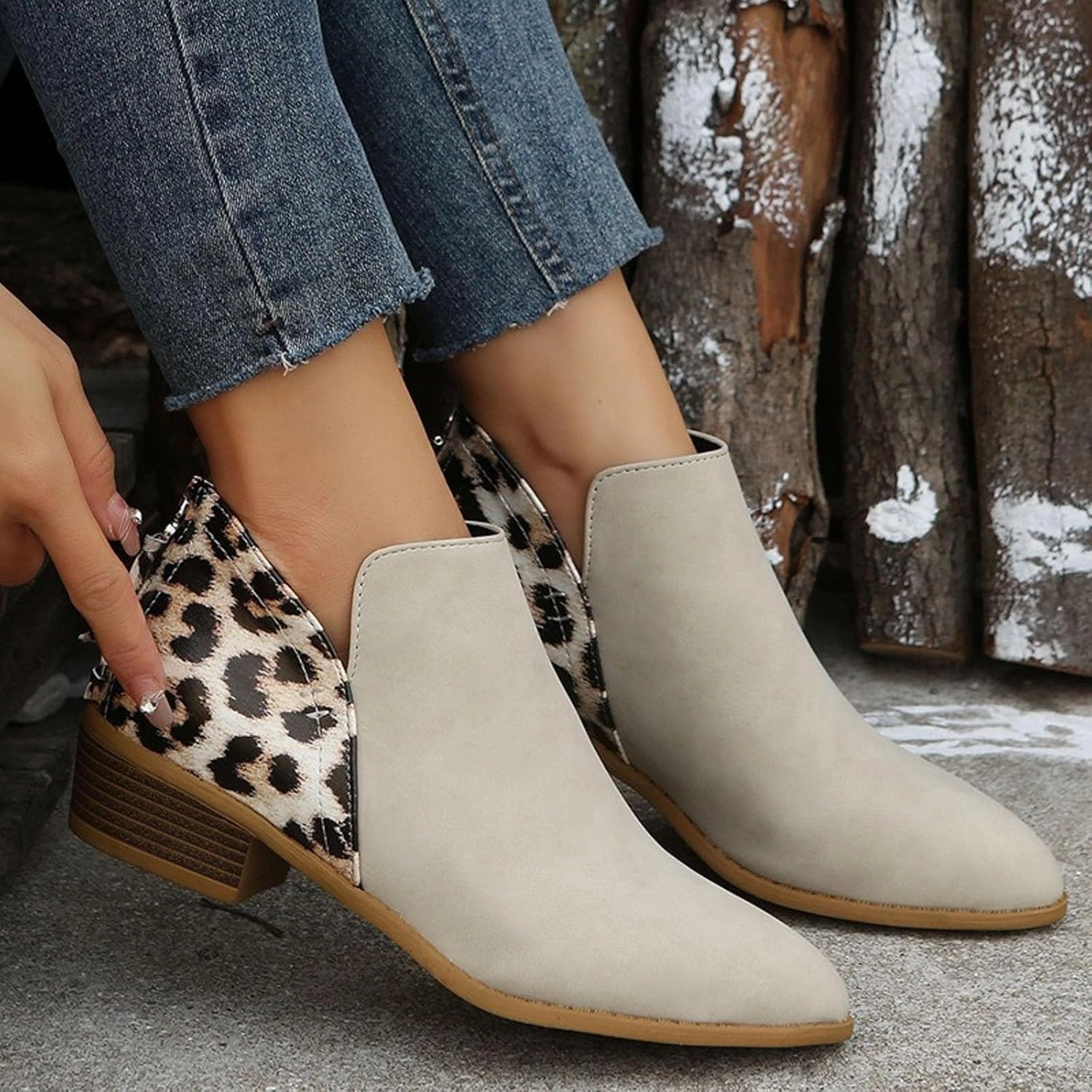Ankle Boots Autumn and Winter Large Size Suede Boots Women Chunky Heel Leopard Print Side Zipper Women's Short Boots Tods Boots