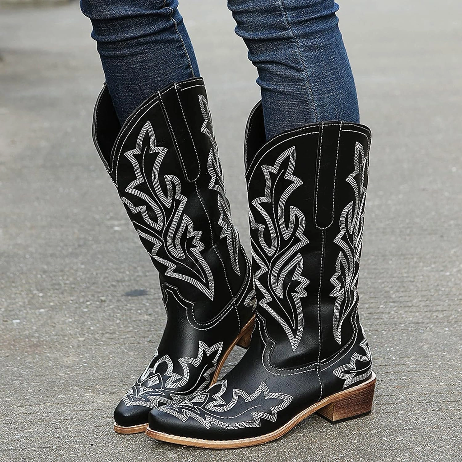 Cowboy Boots for Women Wide Calf Winter Boots for Women Vintage Embroidered Print Pointed Toe Leather Mid Boots High Wedge Knee High Boots